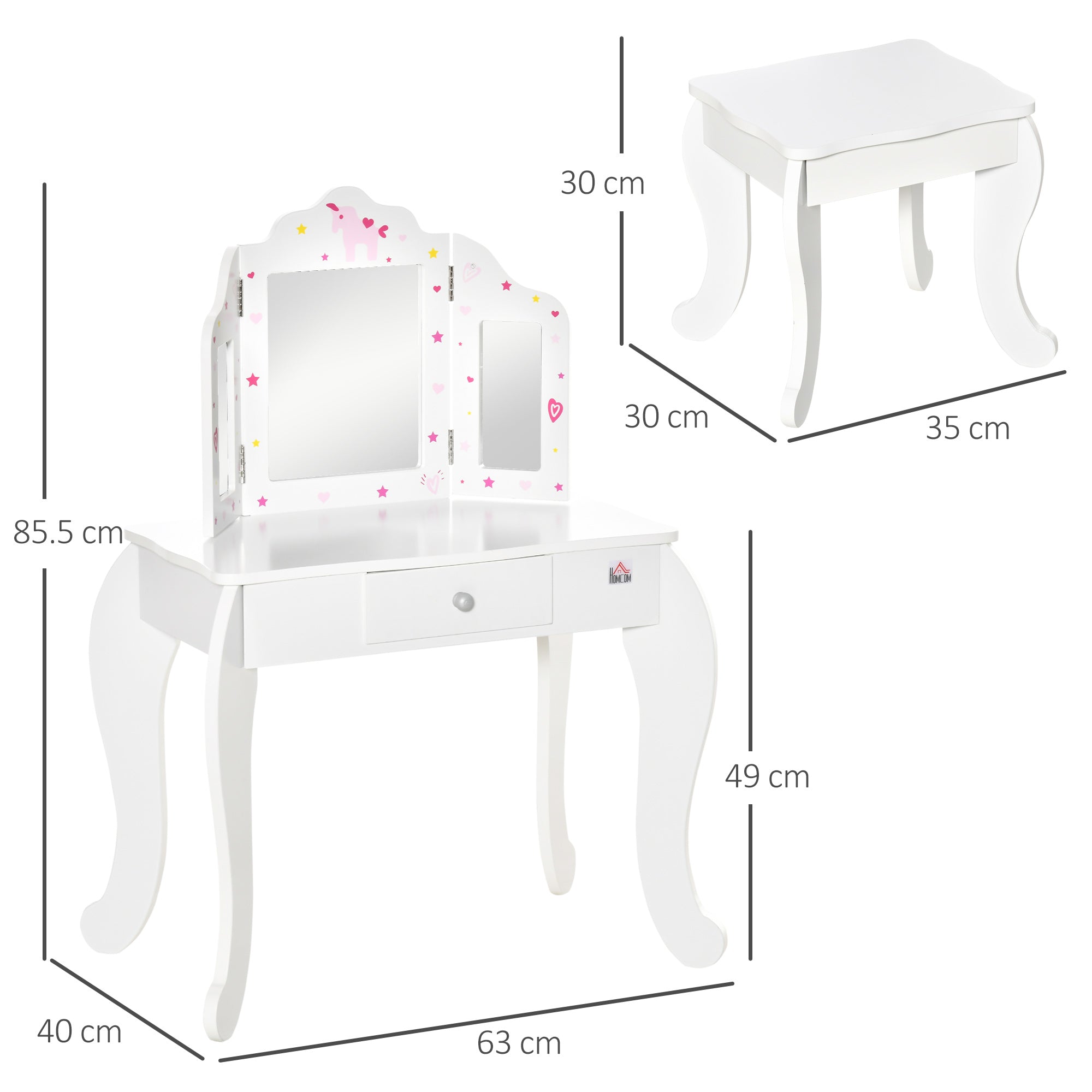 Kozy Kids Vanity Table and Chair Set with Tri-Folding Mirror and Stool, Makeup Dressing Table with Drawer, White