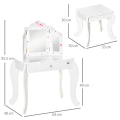 Kozy Kids Vanity Table and Chair Set with Tri-Folding Mirror and Stool, Makeup Dressing Table with Drawer, White