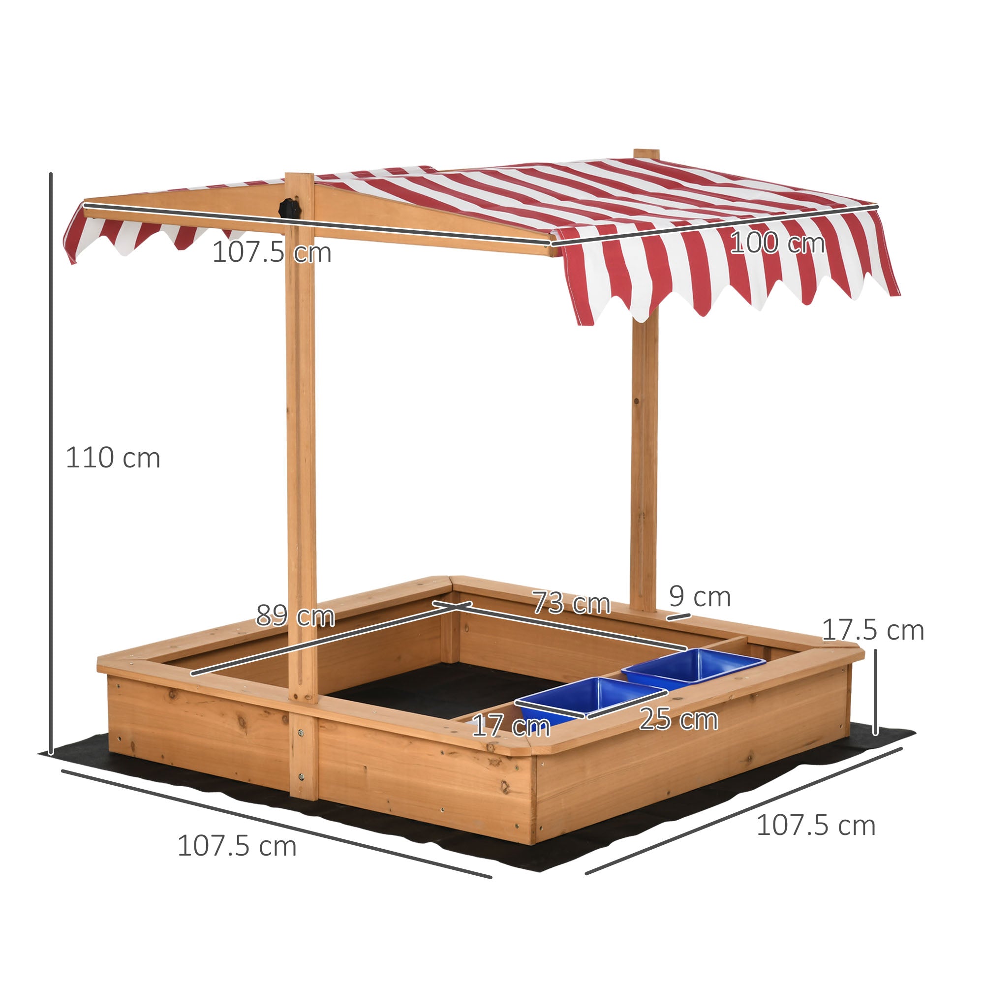 Kozy Sand Pit Kids Wooden Sandbox with Cover Children Sandpit Play Station Height Adjustable with Canopy, Bottom Liner, Plastic Basins for Outdoor Aged 3-7 Years