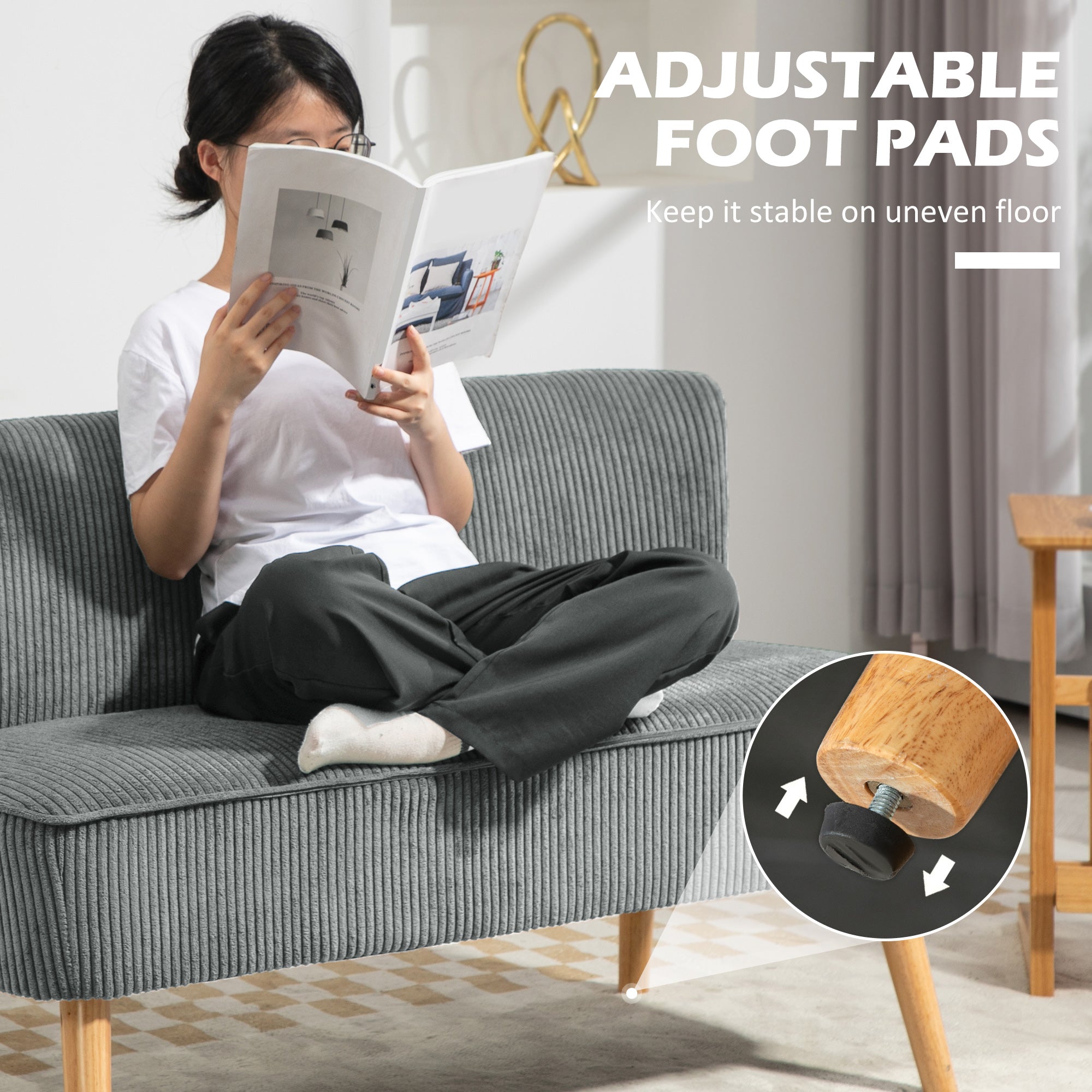 Kozy - Modern Corduroy Double Seat Sofa w/ Wood Frame Foam Padding High Back Soft Comfortable Compact Couch Grey