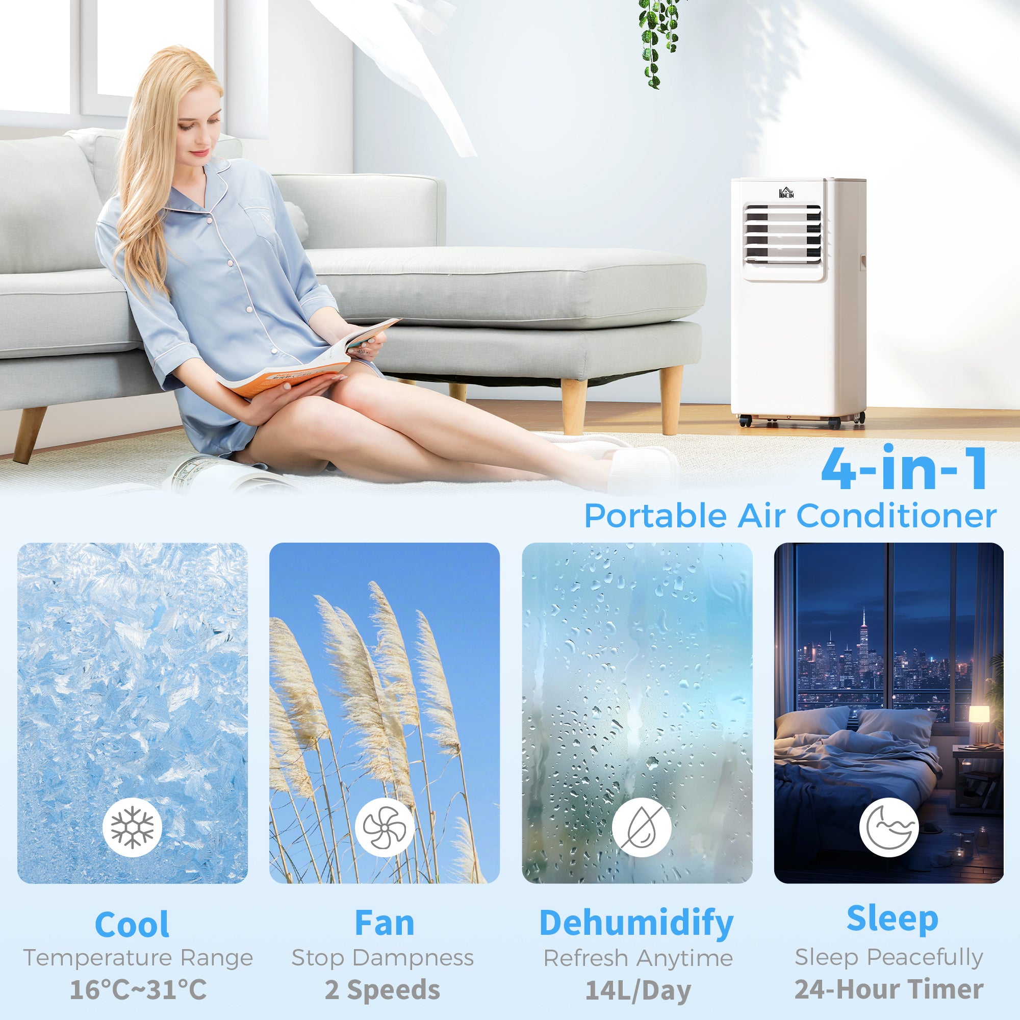 Kozy 5000 BTU Portable Air Conditioner, 4-in-1 Air Conditioning Unit, Dehumidifier, Cooling, Fan, Sleep Mode, with Remote Control, 2 Speeds, 24H Timer, Window Venting Kit, 12m²