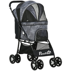 PawHut Pet Stroller, Dog Pushchair, Cat Travel Carriage, Foldable w/ Carrying Bag, Universal Wheels, Brake Canopy, for XS & S Pets, Grey | Aosom UK