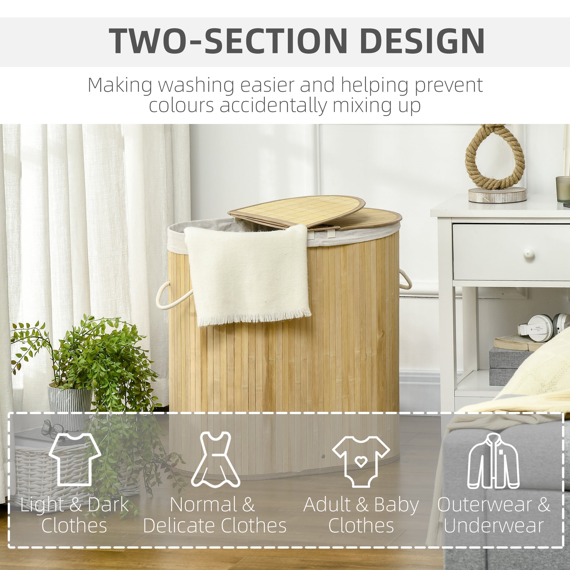 Bamboo Laundry Basket with Lid, 100 Litres Laundry Hamper with 2 Sections, Removable Washable Lining, Washing Baskets, 62.5 x 37 x 60.5cm, Natural