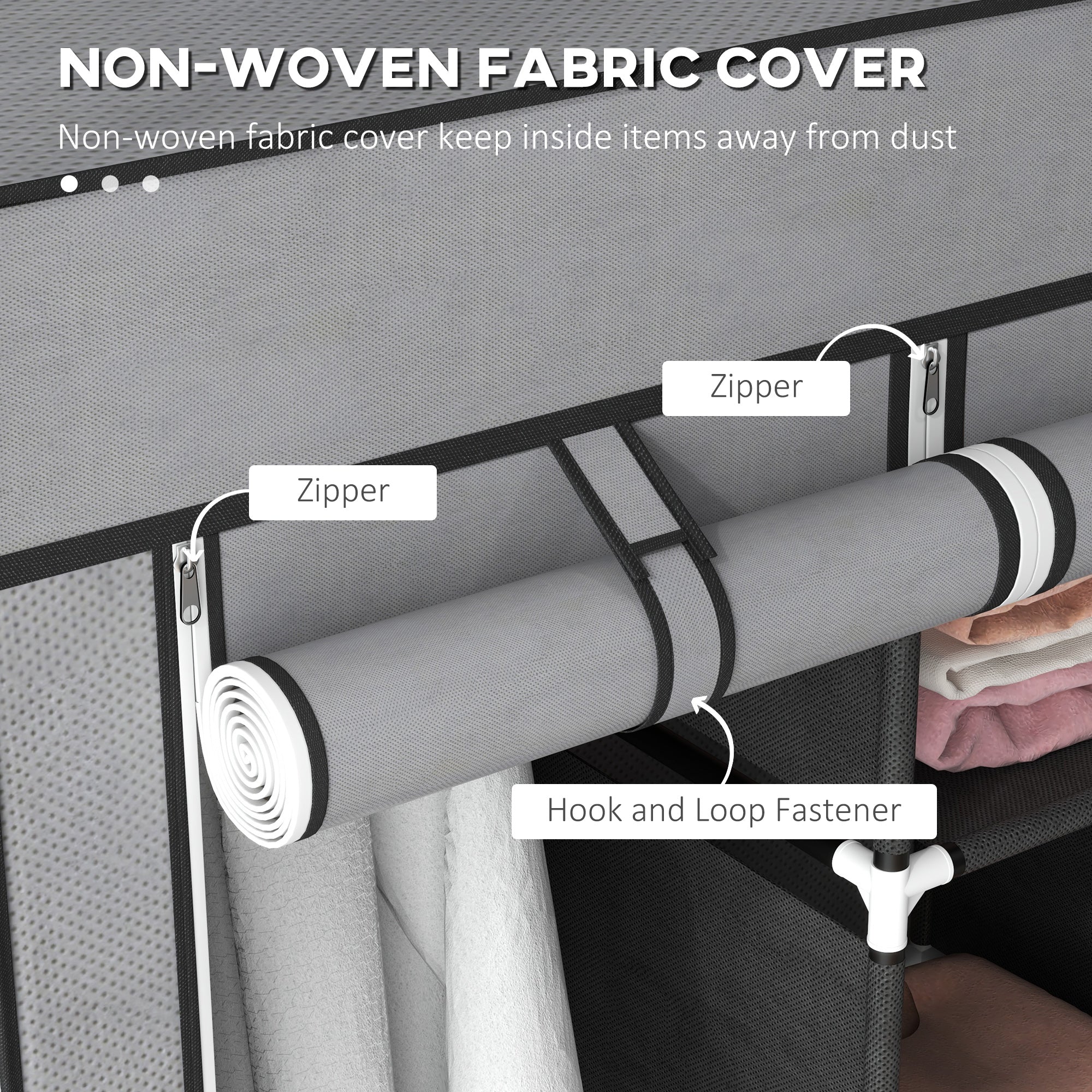 Kozy Fabric Wardrobe for Bedroom, Portable Wardrobe with 5 Shelves, 2 Hanging Rails and 3 Fabric Drawers, Foldable Closet, 125 x 43 x 162.5cm, Dark Grey