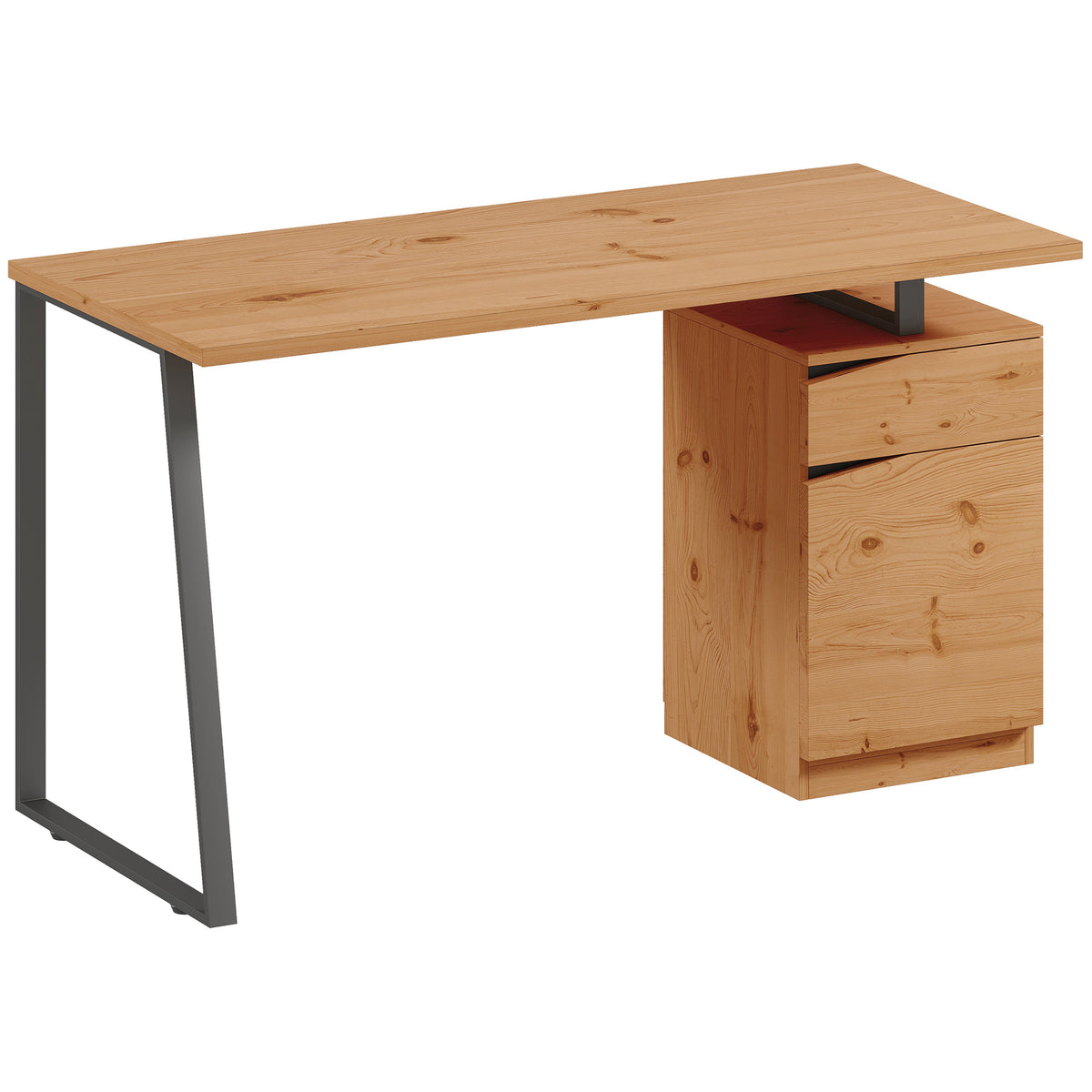 Kozy Computer Desk, Writing Desk with Cabinet, Drawer, Metal Legs, Work Table for Home Office Study, Natural Wood Finish