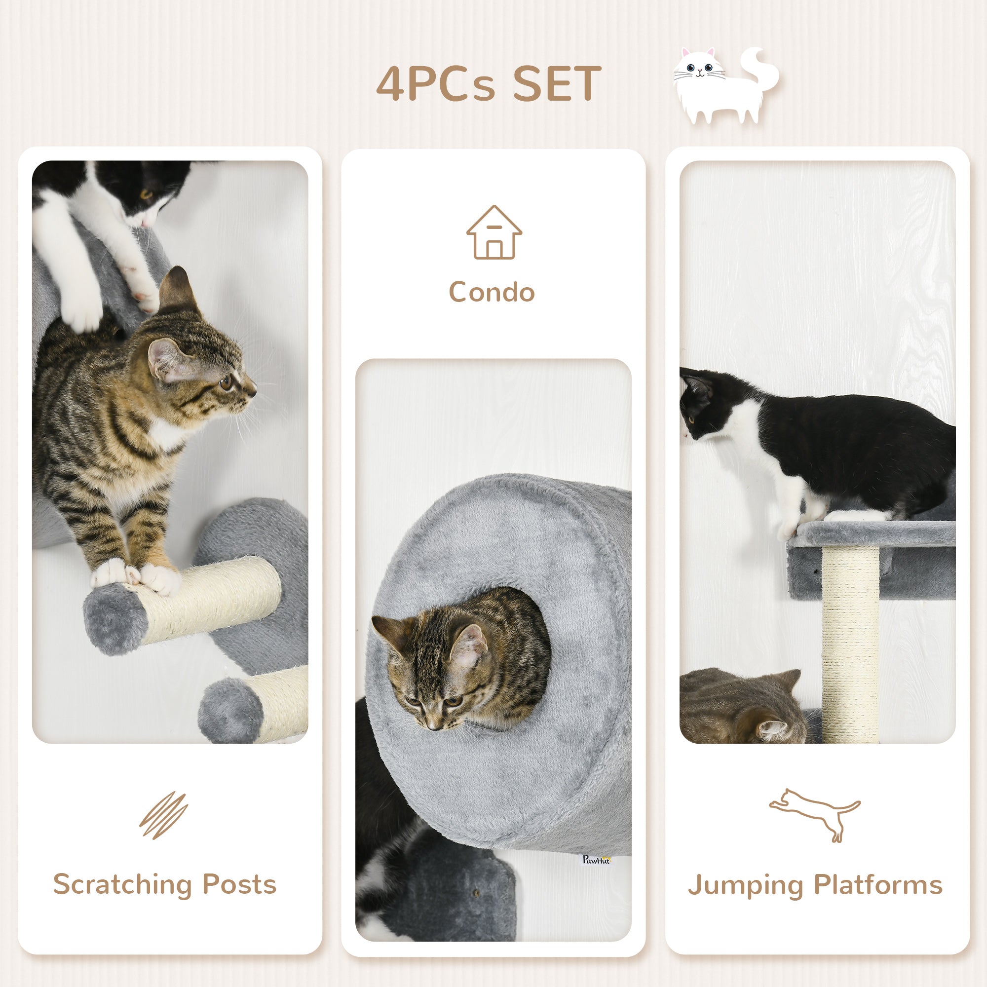 Kozy - 4PCs Wall-Mounted Cat Tree, with Steps, Perch, Cat House - Grey