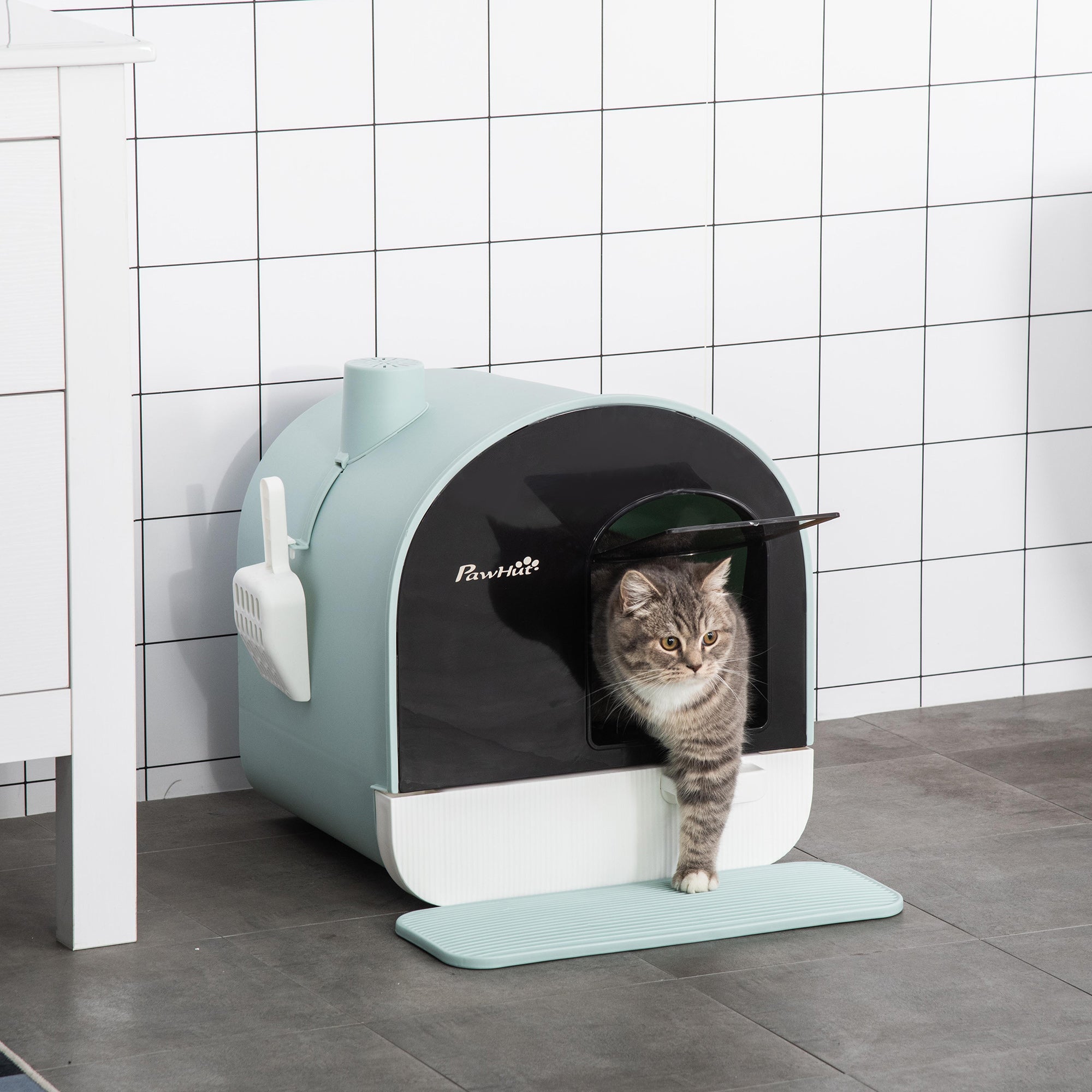PawHut Hooded Cat Litter Box, Enclosed Kitten Litter Tray with Scoop, Filter & Flap Door, 43x44x47 cm, Green | Aosom UK