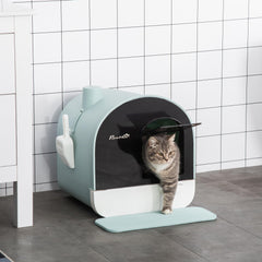 PawHut Hooded Cat Litter Box, Enclosed Kitten Litter Tray with Scoop, Filter & Flap Door, 43x44x47 cm, Green | Aosom UK