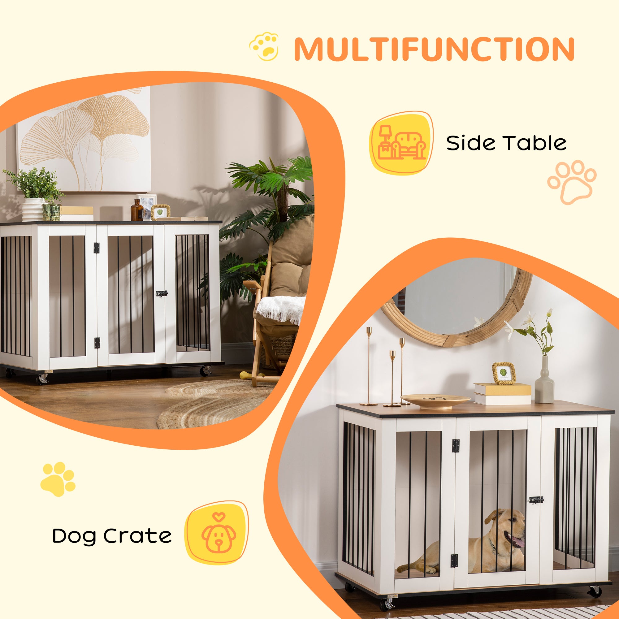 Kozy Dog Crate Furniture, Dog Cage End Table, with Wheels, for Large Dogs, 106 x 60 x 82 cm  - White