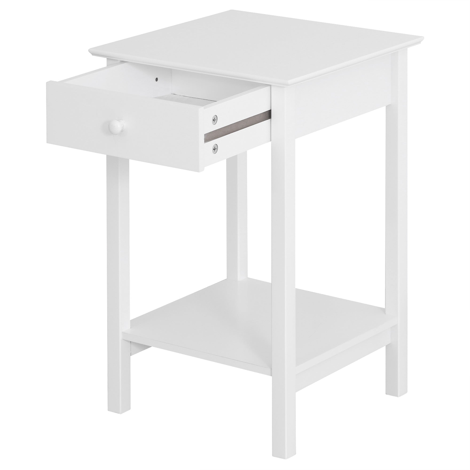 Kozy White Bedside Table, Wooden Side Table, Nightstand, Bedside Cabinet with Drawer and Storage Shelf for Bedroom and Living Room