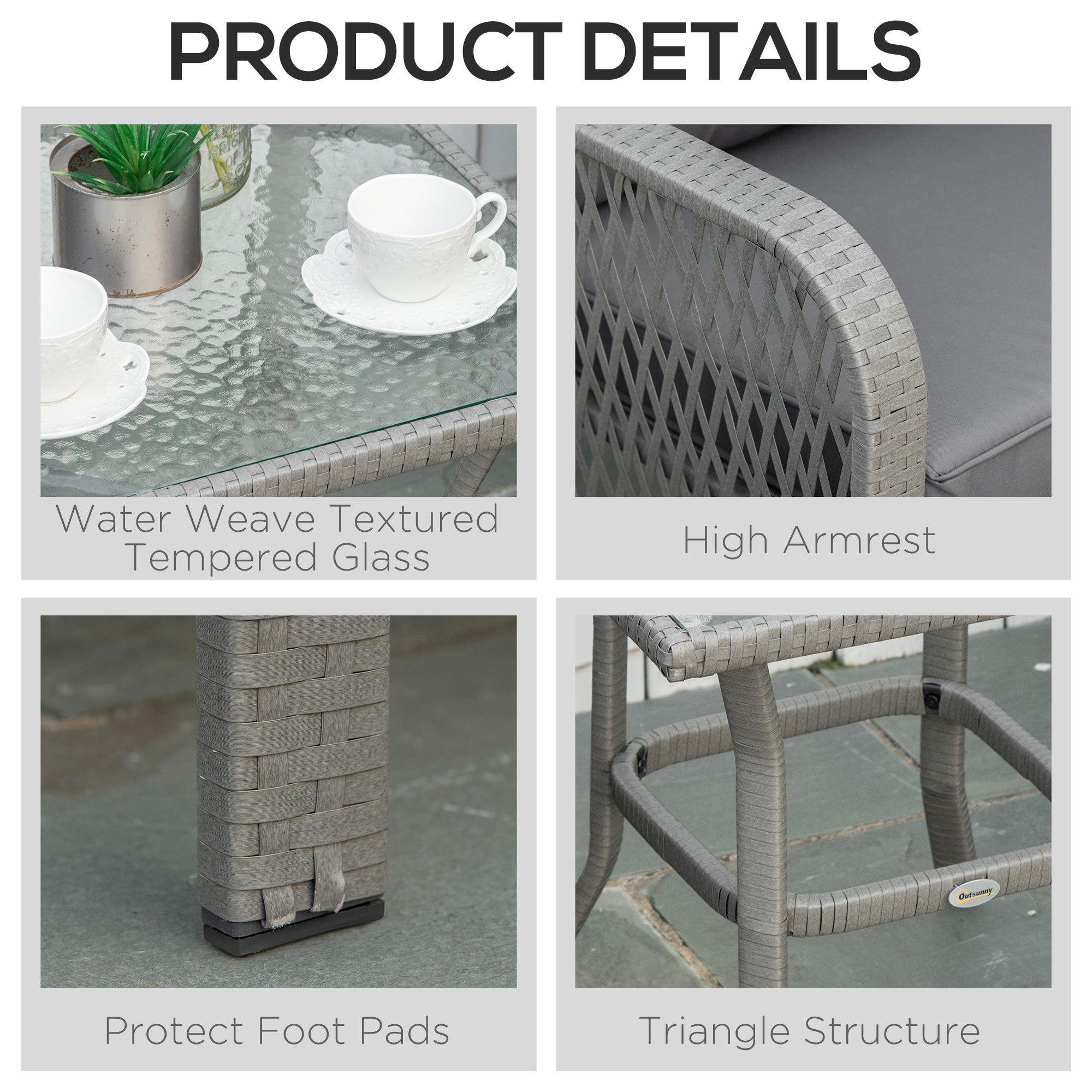 Kozy 3 Pieces Rattan Bistro Set with Glass Top Coffee Table, Chairs and Cushions for Outdoor, Patio, Balcony, Grey