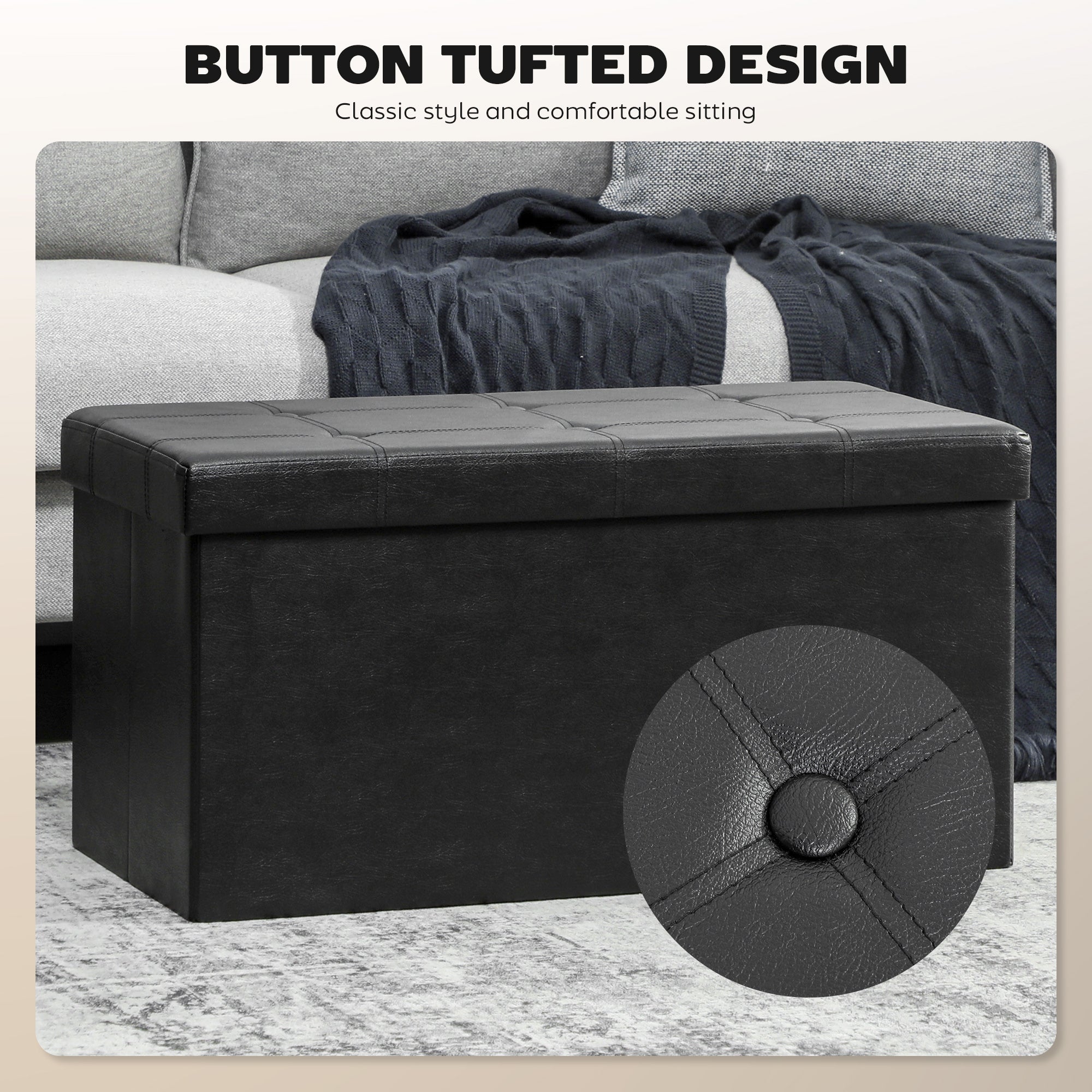 Kozy Storage Ottoman Bench, 89L PU Leather Folding Foot Rest Stool, End of Bed Bench, Easy Assembly, for Living Room, Bedroom, Entryway, Grey