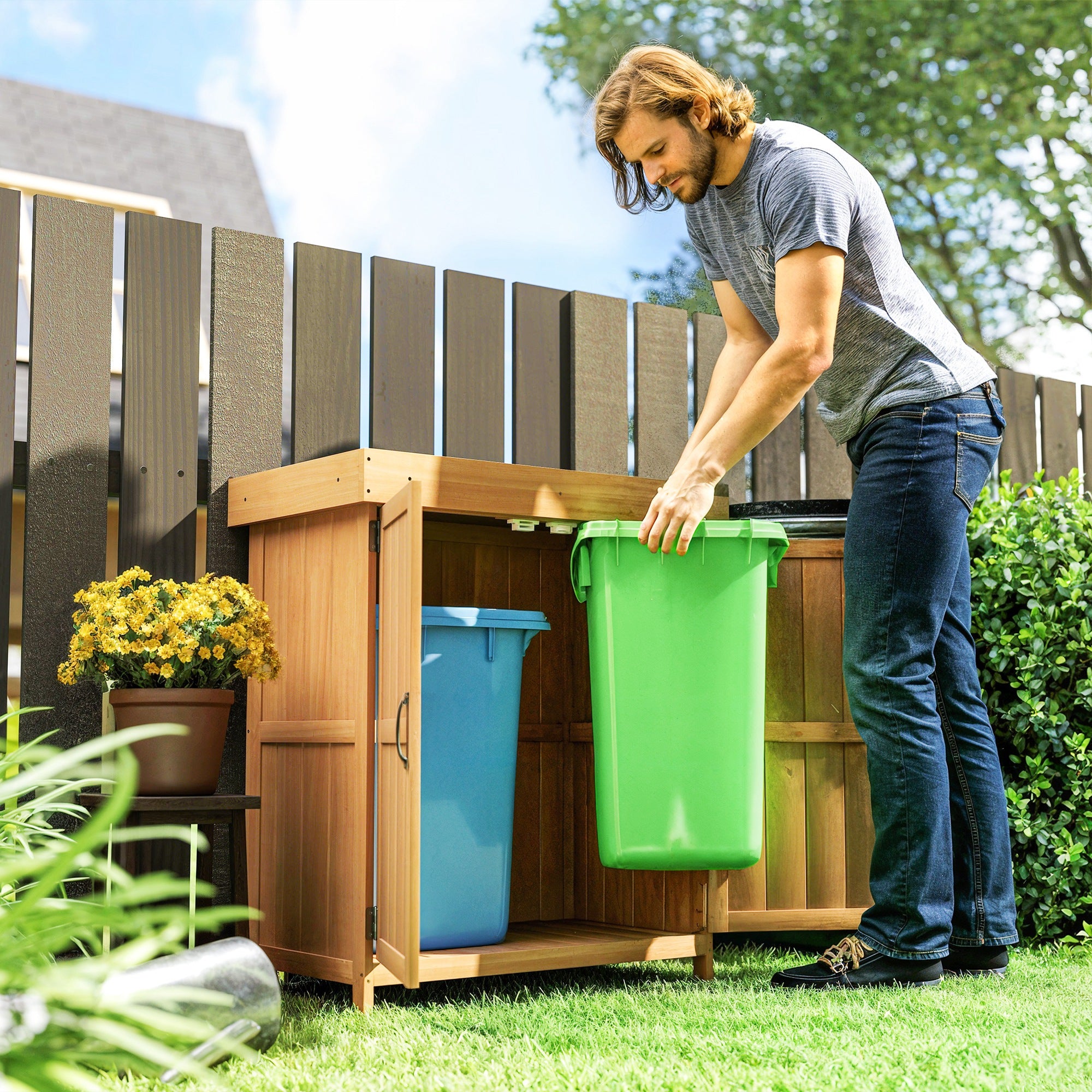 Kozy Small Shed, Wooden Garden Shed with Openable Hinged Roof and Removable Shelf, Outdoor Tool Storage Cabinet Chest with Double Doors, 74 x 43 x 88 cm, Natural Wood Finish