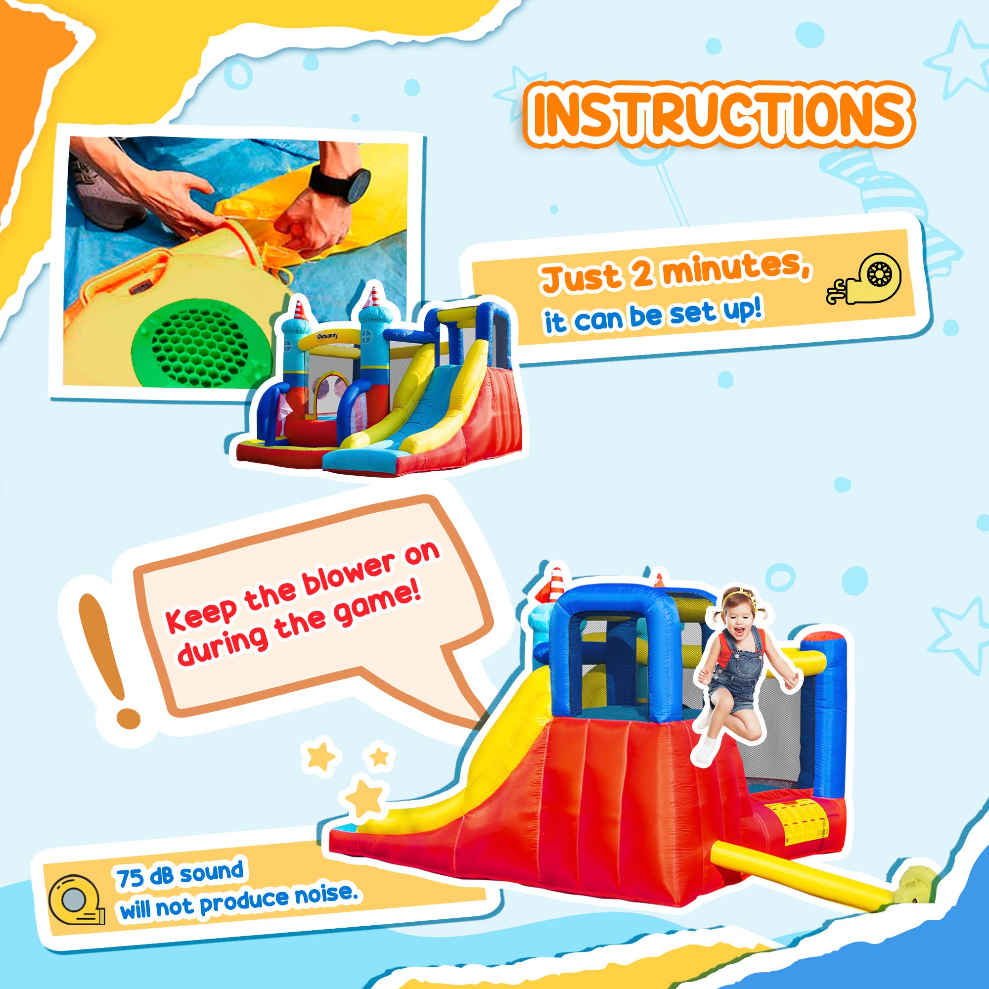 Kozy - 4 in 1 Kids Bouncy Castle Large Sailboat Style Inflatable House Slide Trampoline Water Pool Climbing Wall with Blower Carrybag for Kids Age 3-8, 2.65 x 2.6 x 2m