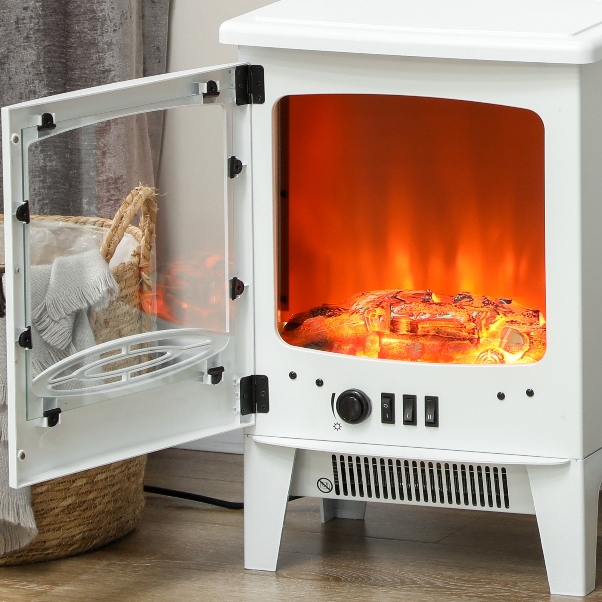 Kozy - Tempered Glass Casing Electric Fireplace, Freestanding Electric Fire with Realistic Flame Effect, Log Burner with Overheat Protection, 950w/ 1850W, White