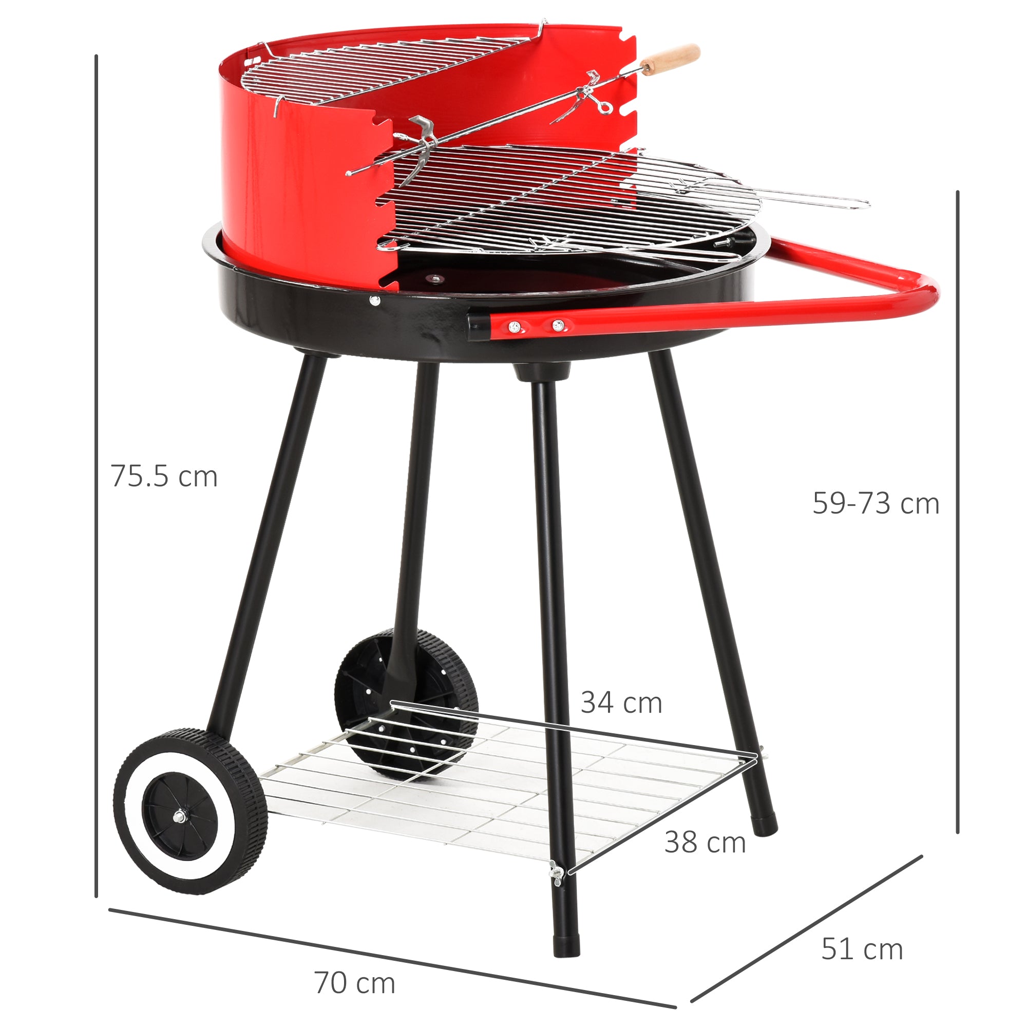 Outsunny Charcoal Barbecue Grill Garden BBQ Trolley w/ Adjustable Grill Pan Height, Wheels and 3 layers, Red