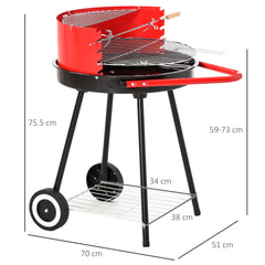 Outsunny Charcoal Barbecue Grill Garden BBQ Trolley w/ Adjustable Grill Pan Height, Wheels and 3 layers, Red