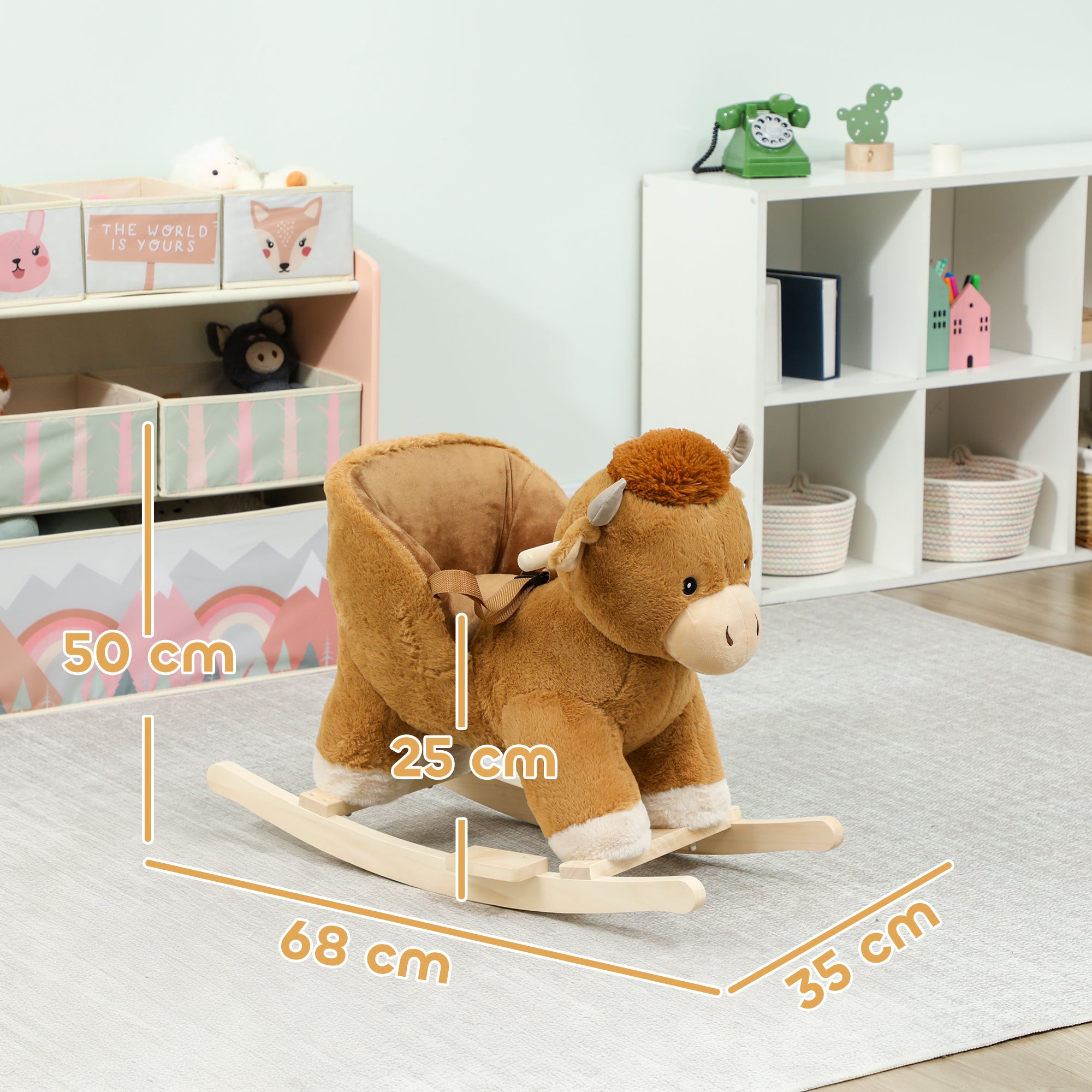 Kozy Baby Rocking Horse with Safety Belt, Wood Base, Animal Rocker for Children, Brown