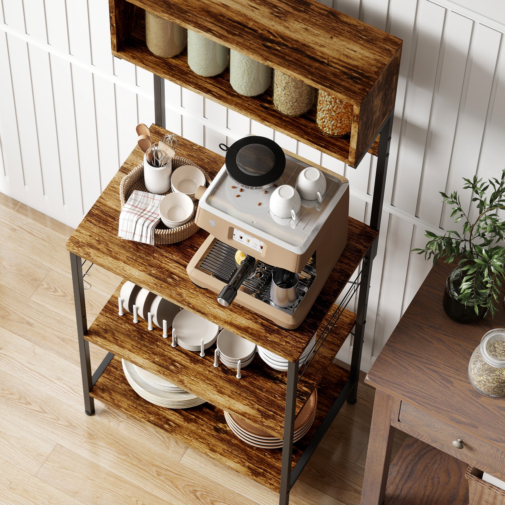 Kozy - Bakers Rack with Power Outlet, USB Charger, Microwave Stand with Adjustable Shelves, 5 Hooks for Small Spaces, Kitchen Storage Unit for Spices, Pots and Pans, Rustic Brown