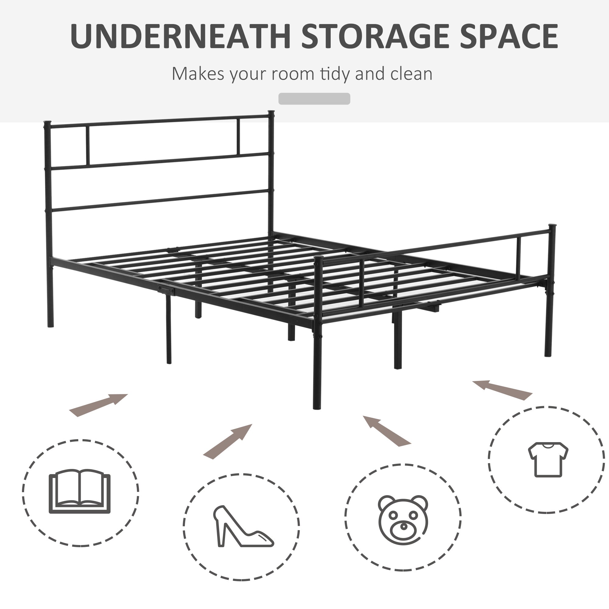 HOMCOM Double Metal Bed Frame with Headboard and Footboard, Solid Bedstead Base, Metal Slat Support, Underbed Storage Space, Black