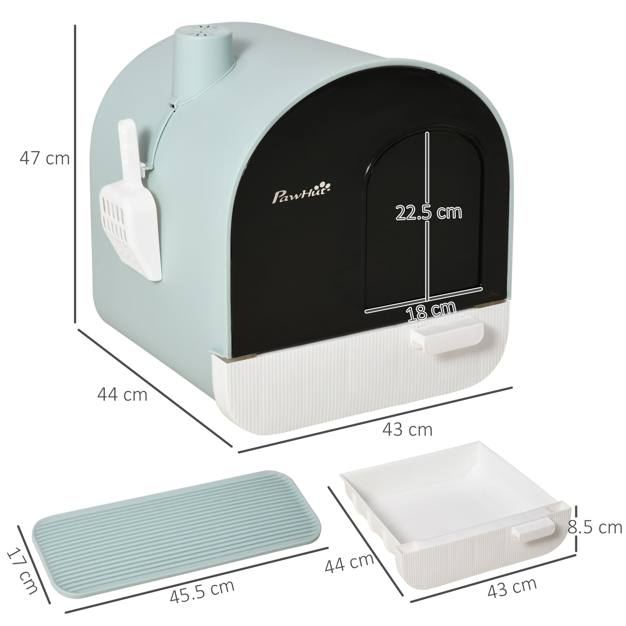 PawHut Hooded Cat Litter Box, Enclosed Kitten Litter Tray with Scoop, Filter & Flap Door, 43x44x47 cm, Green | Aosom UK