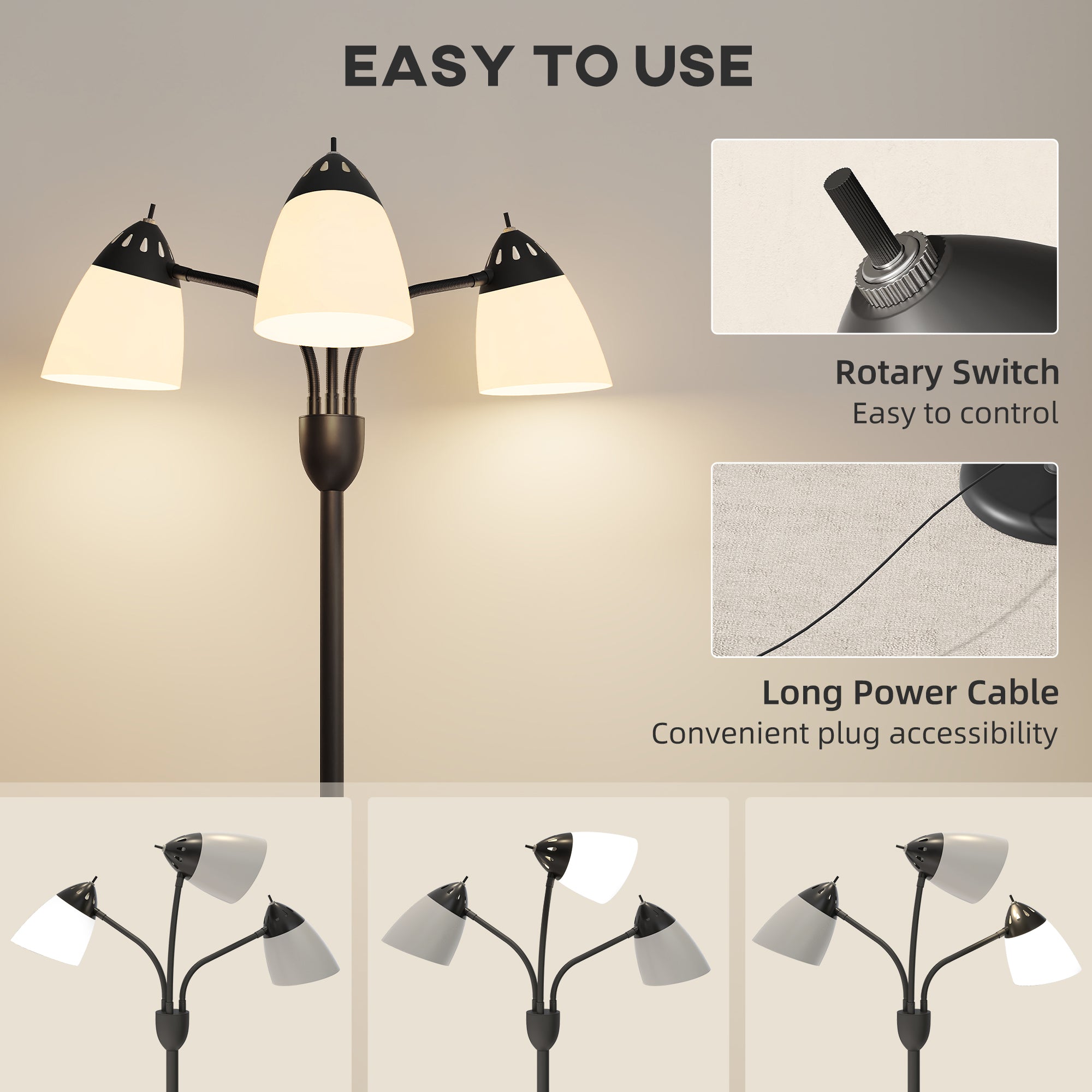 Kozy - Arc Tree Floor Lamp with 3 Adjustable Rotating Lights and 3000K/4500K/6500K Colour Temperatures, Industrial Standing Lamp with Steel Frame for Bedroom Living Room, 155cm, Black