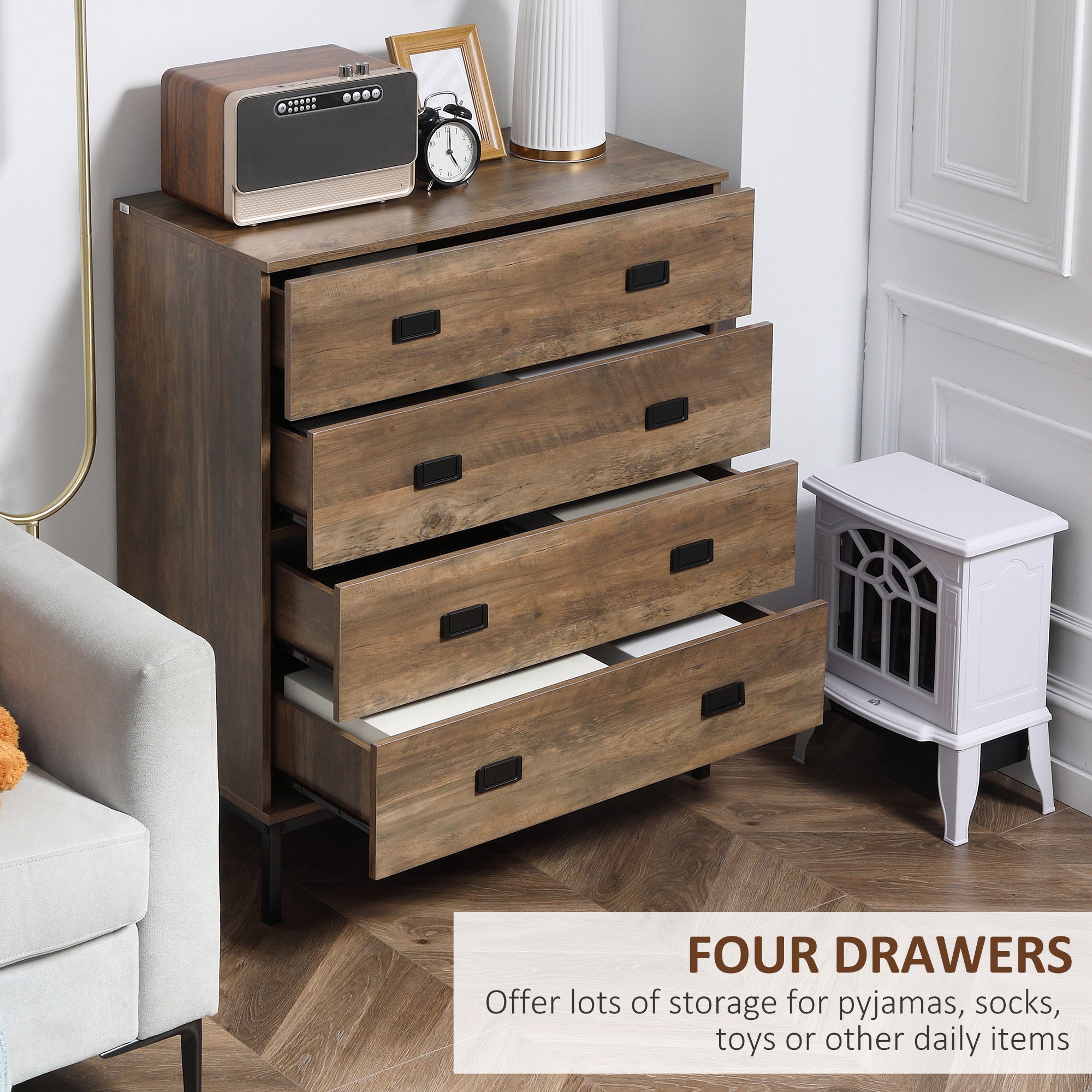Kozy Chest of Drawers, 4-Drawer Storage Organiser Unit with Metal Frame for Bedroom, Living Room, Brown