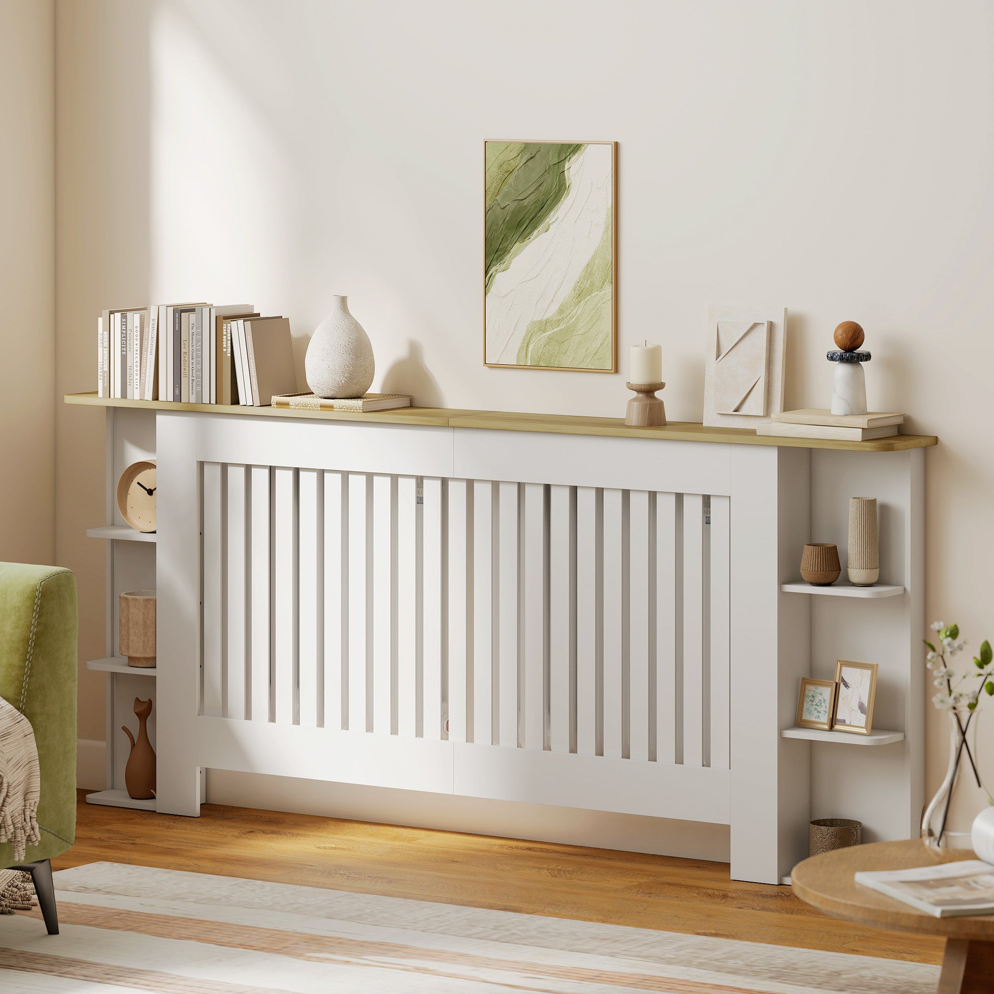 Kozy Radiator Cover with Open Storage Shelves, Vertical Slatted Cabinet Shelf Heater Cover for Living Room, Hallway, Extra Large, White (H: 83 / W: 191 / D: 19 cm)