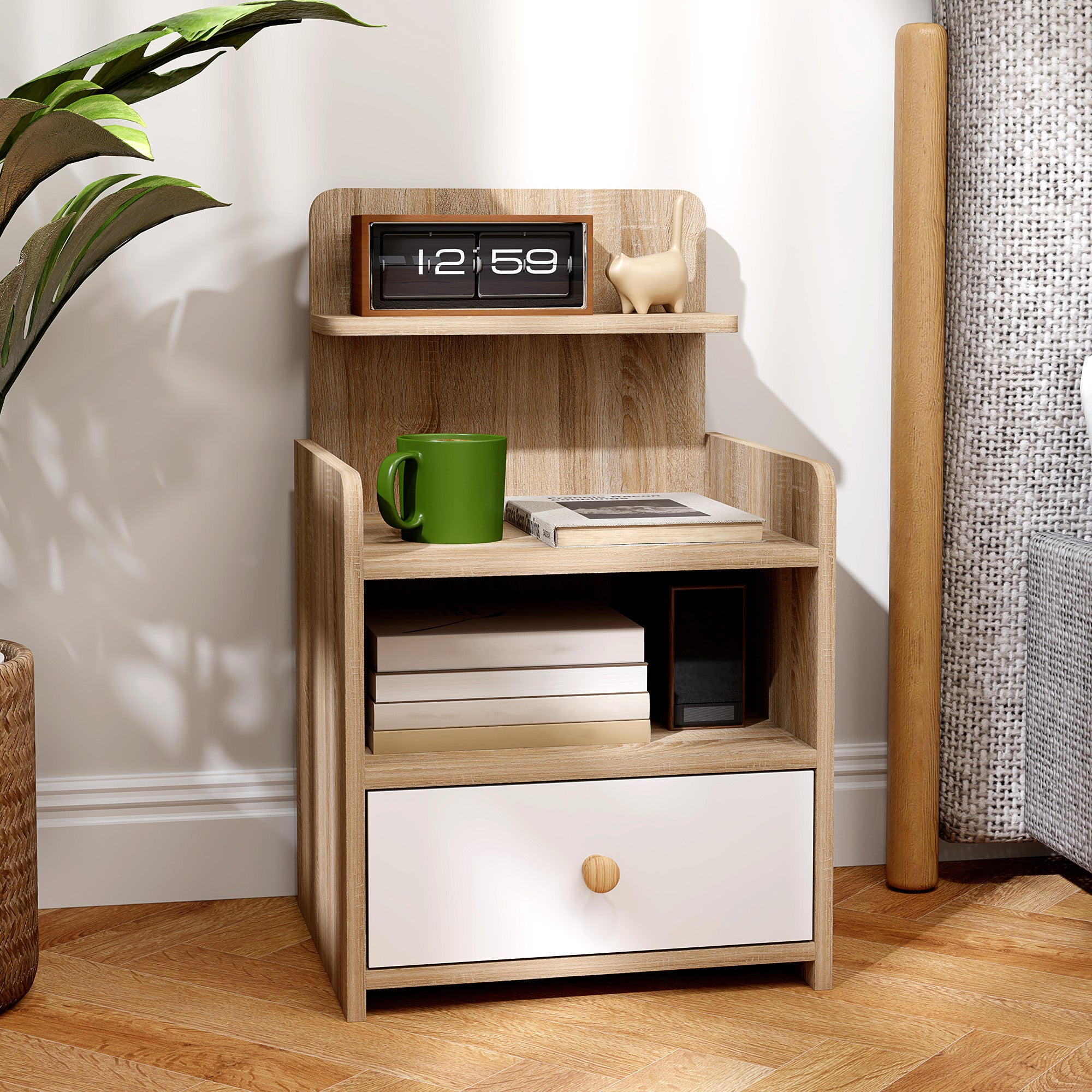 Kozy - Multi-Storage Bedside Table - White/Wood-Effect