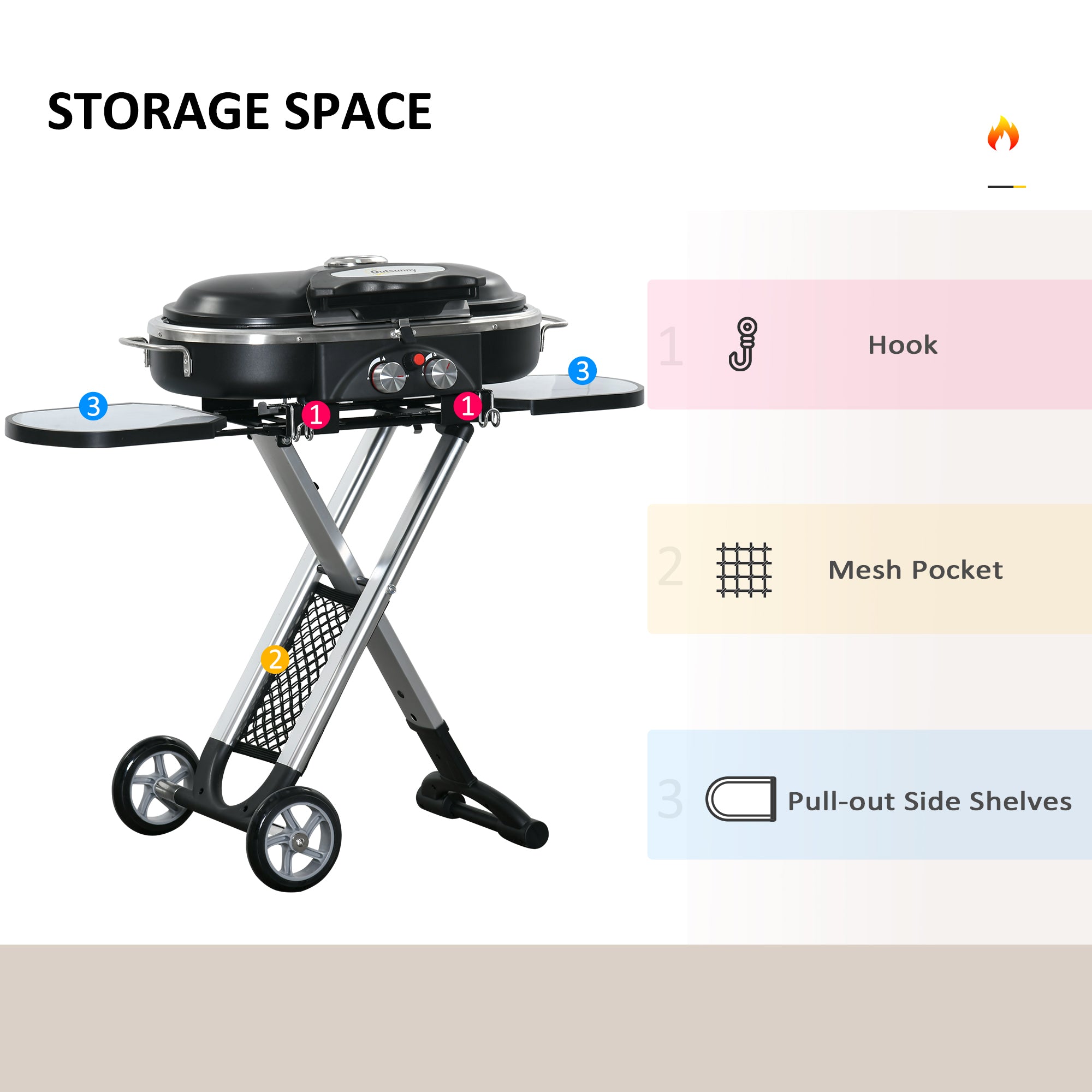 Kozy Foldable Gas BBQ Grill 2 Burner Garden Barbecue Trolley w/ Lid Side Shelves Storage Pocket Piezo Ignition Thermometer, Aluminium Alloy