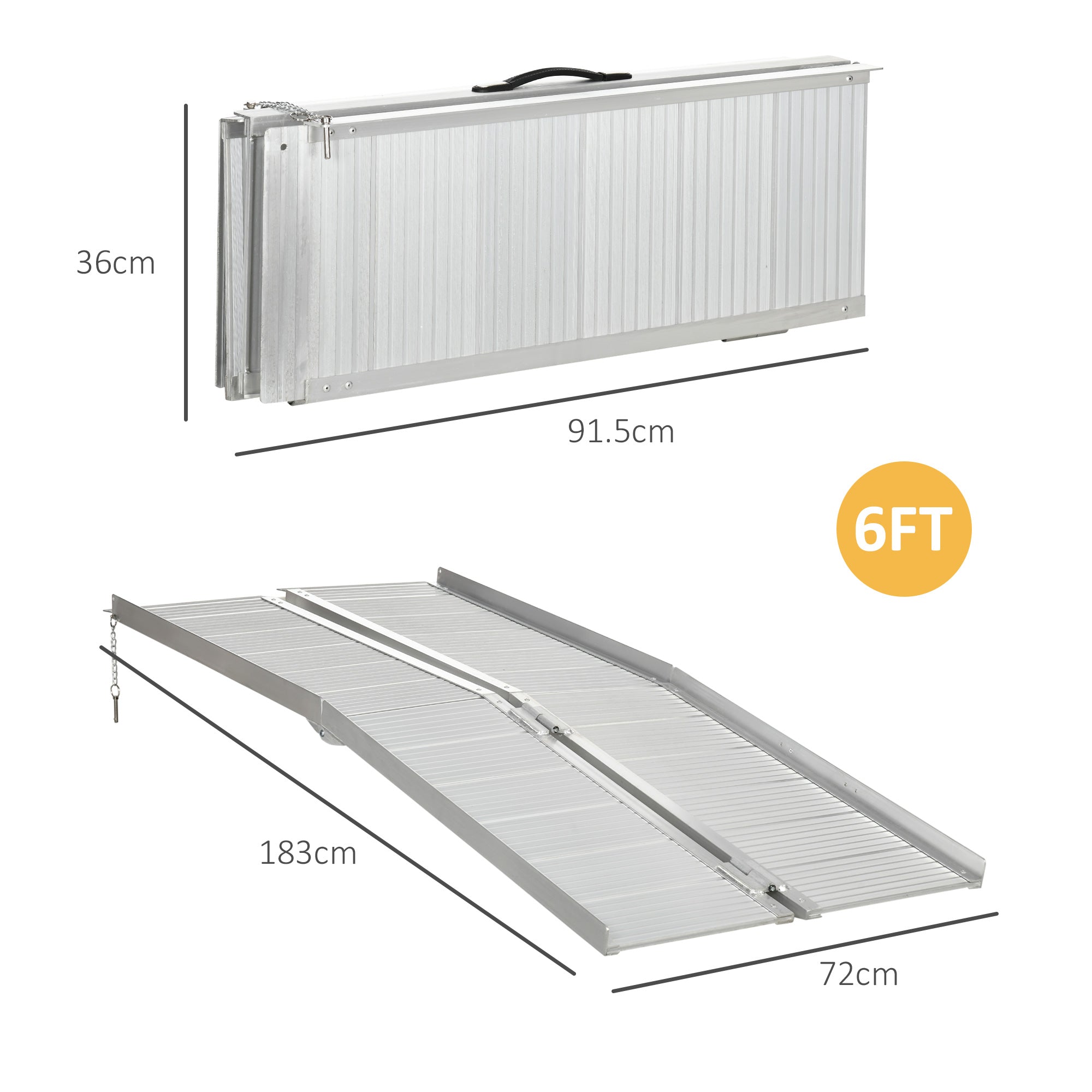 HOMCOM Folding Wheelchair Ramp, Textured Aluminum, 183x72 cm, Portable Threshold Ramp for Scooter & Steps, Silver. | Aosom UK