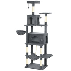 Kozy - 202cm Large Cat Tree with 6 Scratching Posts, 2 Hammocks, 2 Condos, 2 Perches, Pompoms, for Indoor Cats to Rest and Play