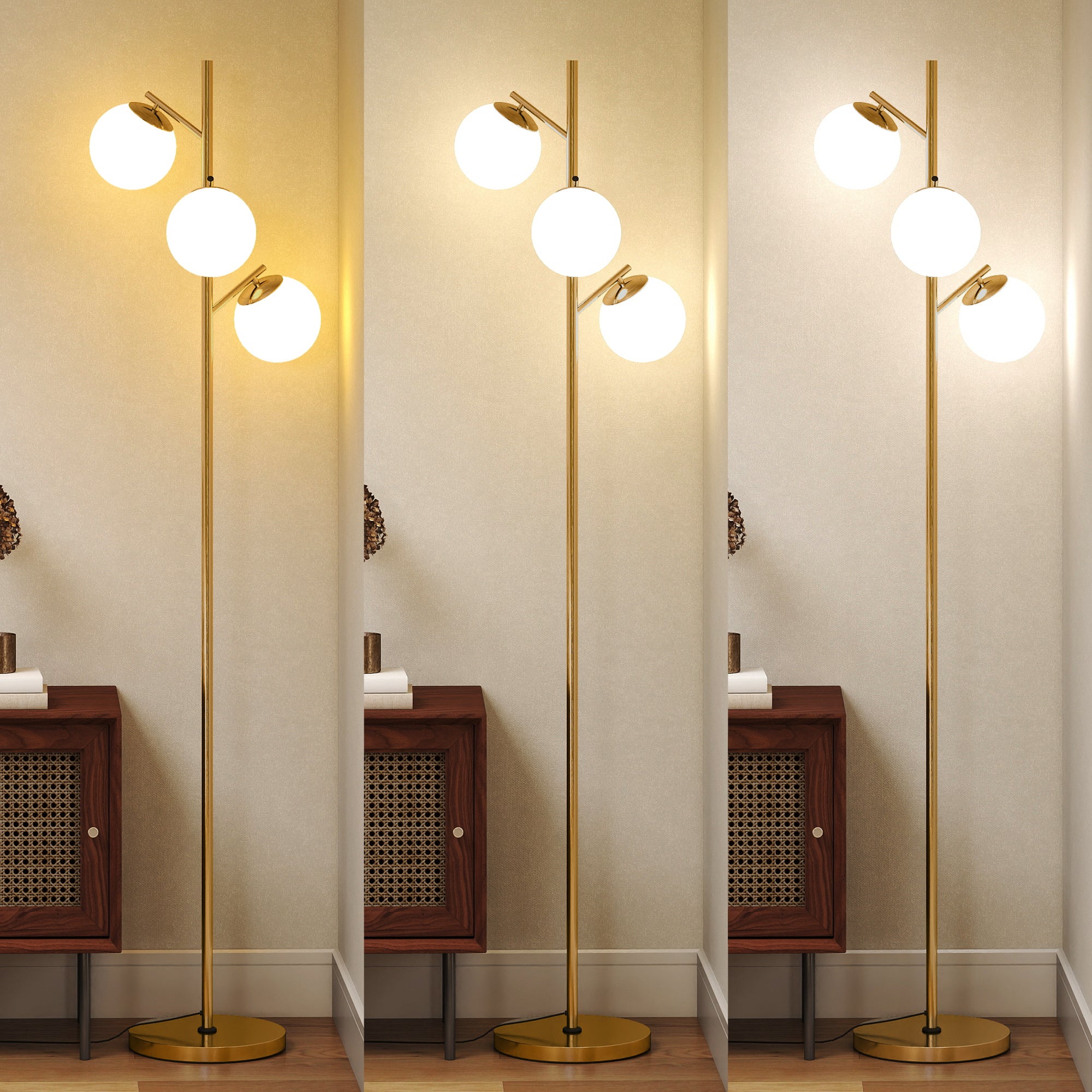 Kozy - 3-Light Tree Floor Lamps for Living Room, Modern Standing Lamp for Bedroom with Globe Lampshade, 3000K/4000K/6000K Colour Temperatures, Steel Base, Gold Tone