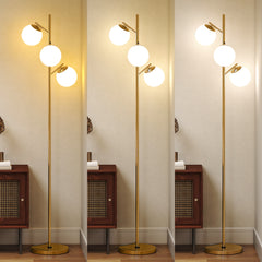 Kozy - 3-Light Tree Floor Lamps for Living Room, Modern Standing Lamp for Bedroom with Globe Lampshade, 3000K/4000K/6000K Colour Temperatures, Steel Base, Gold Tone