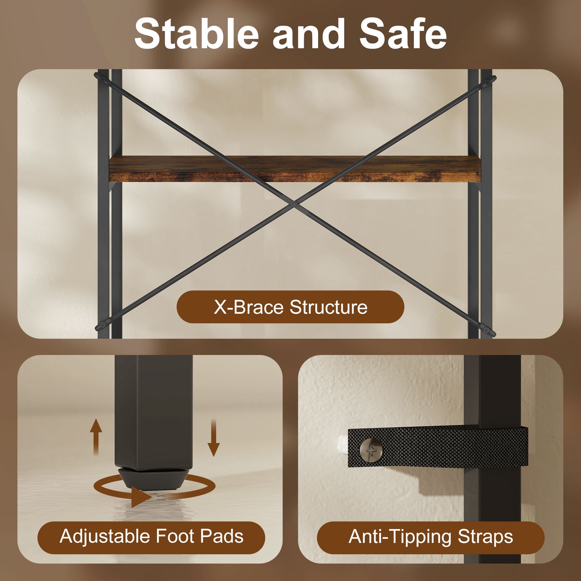 Kozy 5-Tier Bookshelf, Industrial Bookcase with Metal Frame - Rustic Brown and Black