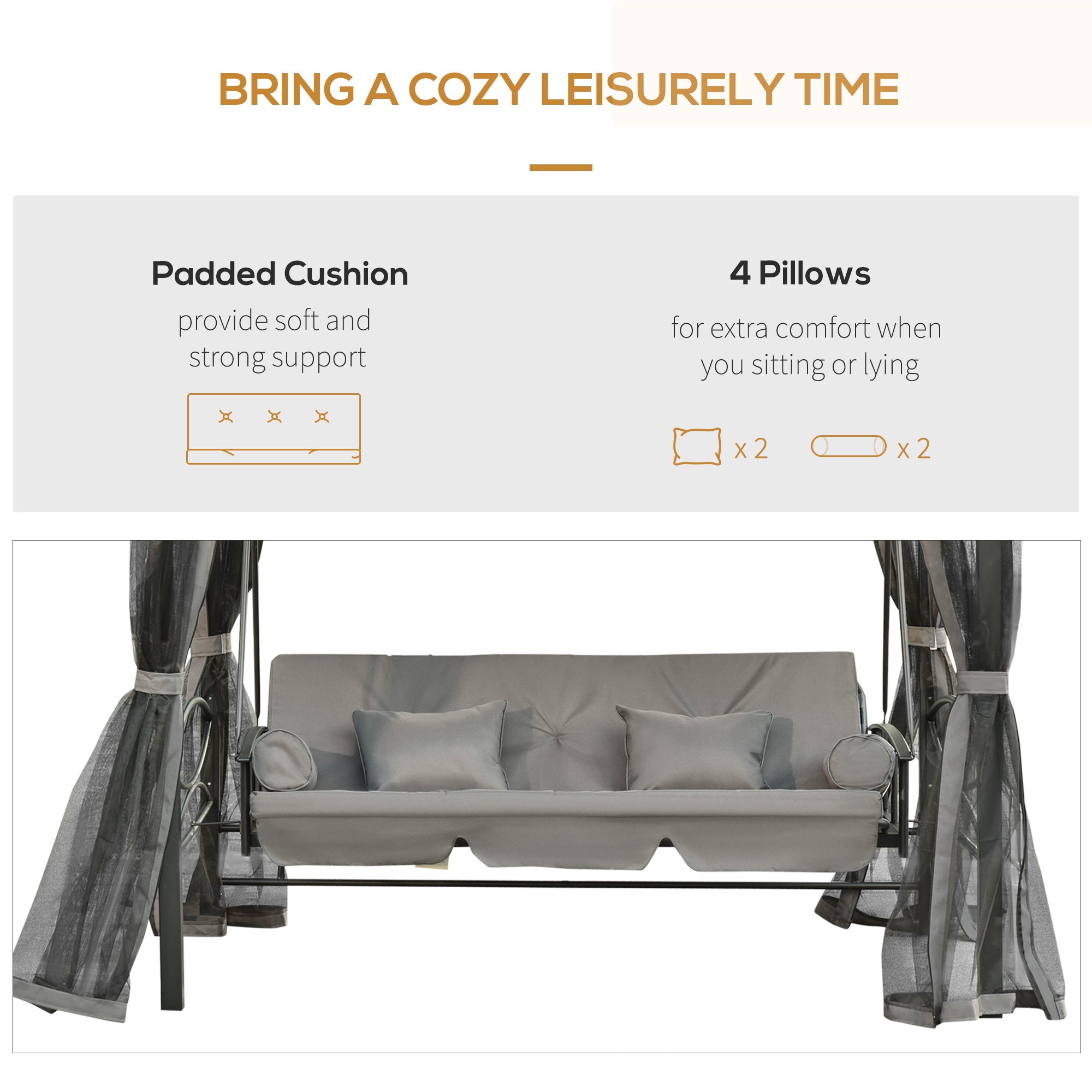 Kozy 3 Seater Swing Chair 3-in-1 Convertible Garden Swing Seat Bed Gazebo Patio Bench Outdoor with Double Tier Canopy, Cushioned Seat, Mesh Sidewalls, Grey