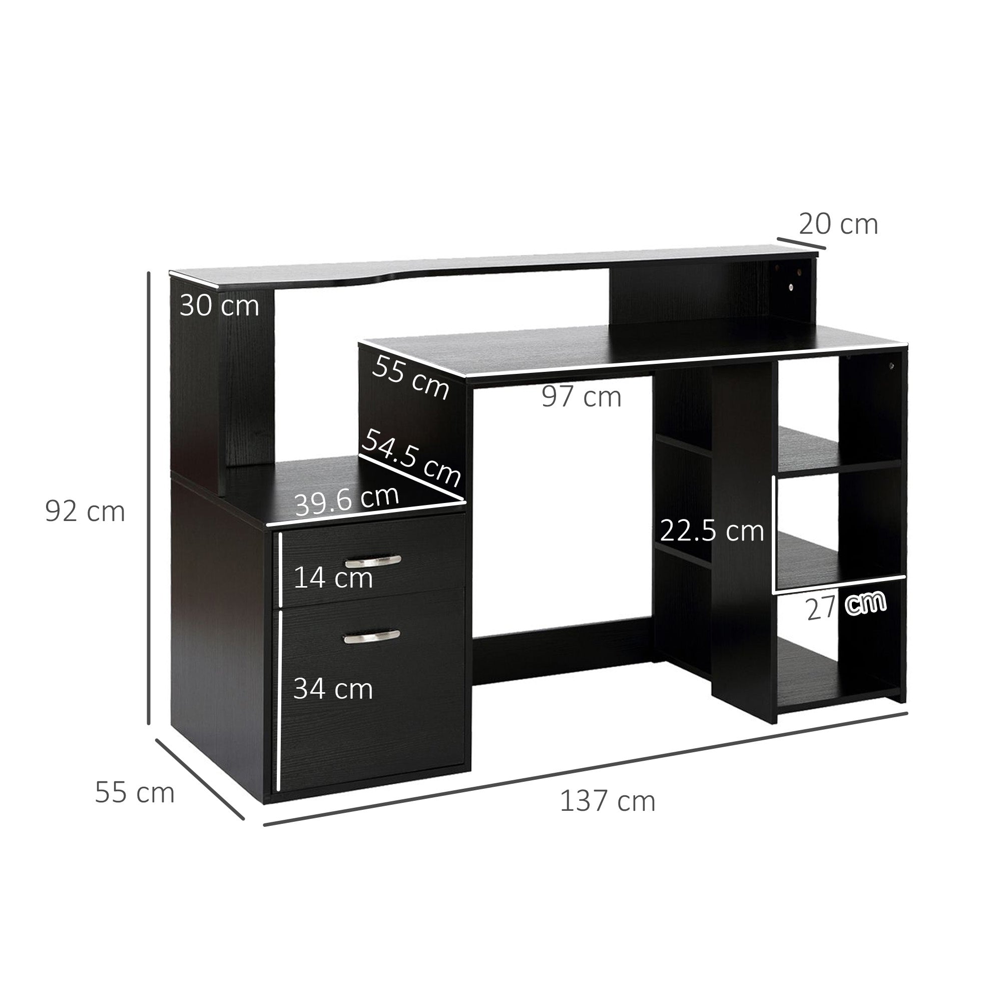 Kozy Computer Desk with Drawers and Storage Shelves, Office Desk Writing Table with Printer Stand, Large Workstation for Study Play Work Home Office, 137 x 55 x 92cm, Black