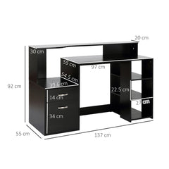 Kozy Computer Desk with Drawers and Storage Shelves, Office Desk Writing Table with Printer Stand, Large Workstation for Study Play Work Home Office, 137 x 55 x 92cm, Black