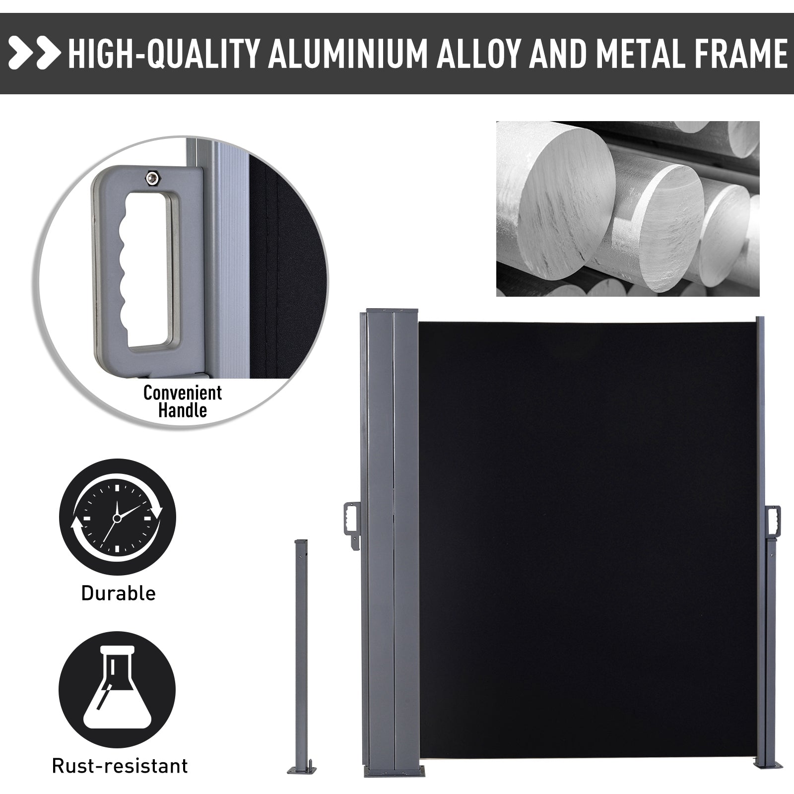 Kozy 600 x 180 cm (HxL) Retractable Awning Double Canopy Side Privacy Protection Sun Shade Side Blind w/ Steel Frame Versatile Use In Garden Patio - Black