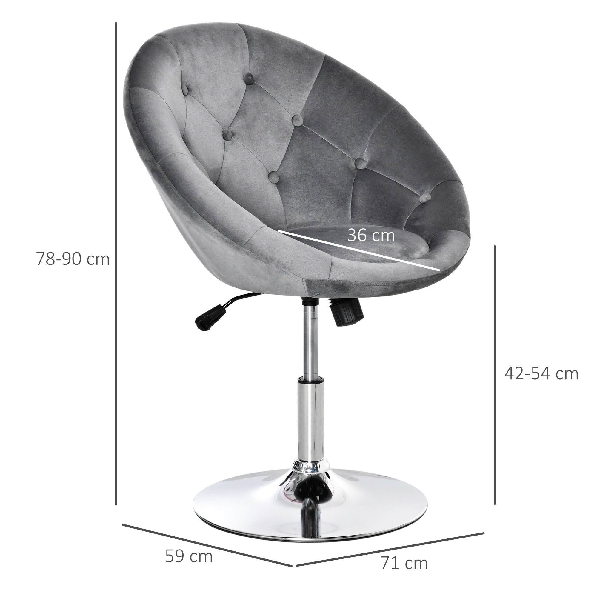 Kozy Swivel Dressing Stool, Velvet-feel Upholstered Vanity Chair, Adjustable Height Tub Makeup Chair with Button Tufting and Thick Padding for Bedroom, Grey