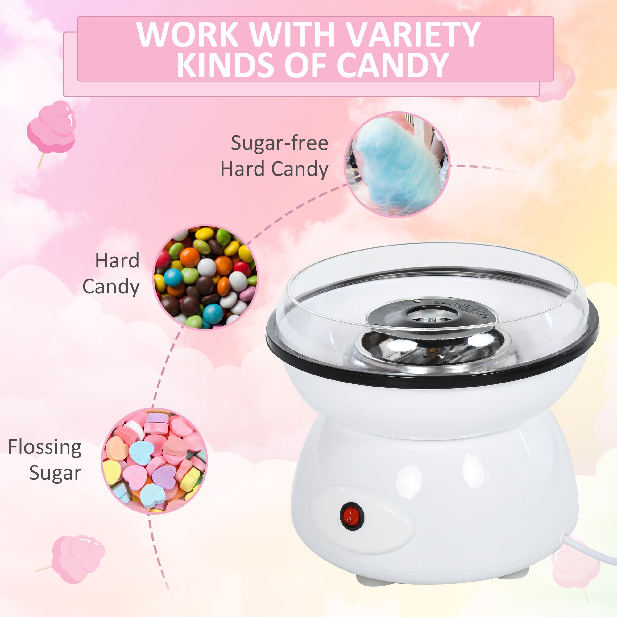 Kozy 450W Candy Floss Machine, Professional Automatic Cotton Candy Sweet Machine with Candyfloss Sticks, Spoon, Splash Guard, Non-Slip Base for Birthday Christmas Wedding Party, Funfair Style, White