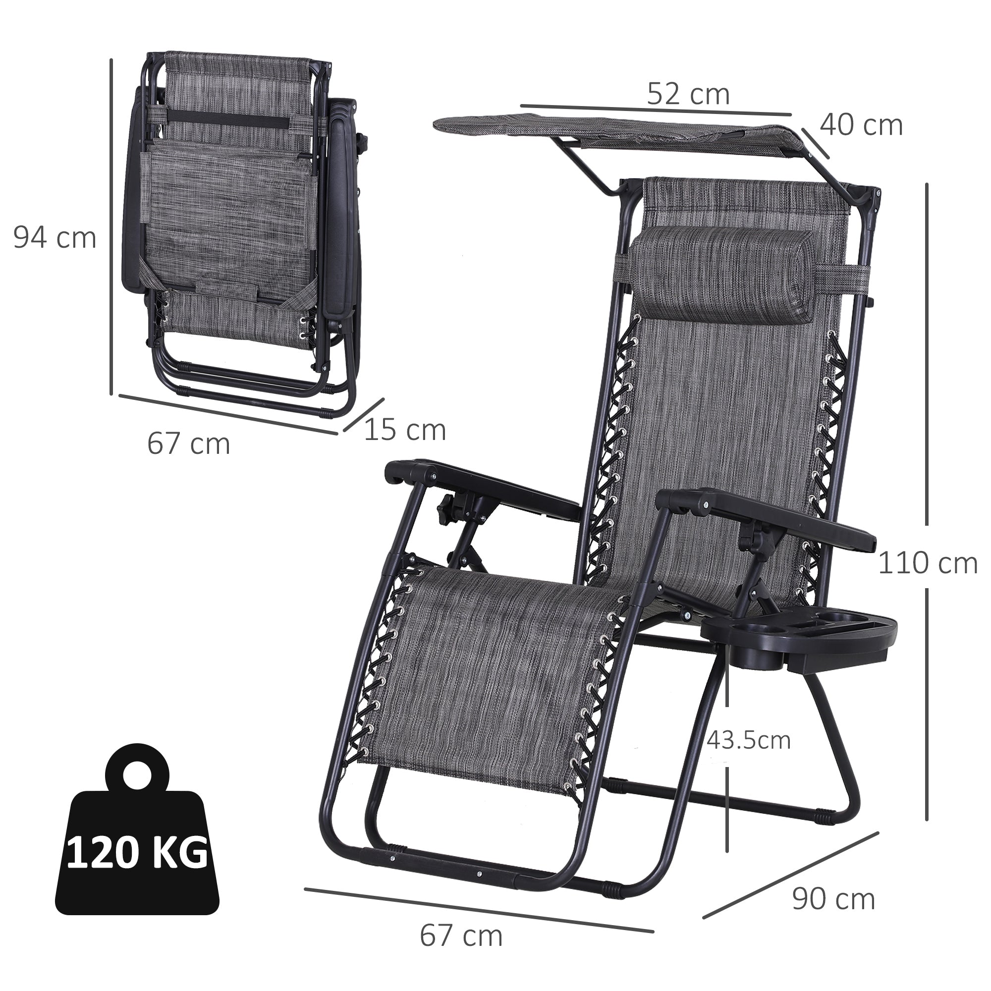 Kozy Foldable Reclining Garden Chair with Headrest, Zero Gravity Deck Sun Lounger Seat Chair with Footrest, Armrest, Cup Holder & Canopy Shade, Grey