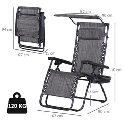 Kozy Foldable Reclining Garden Chair with Headrest, Zero Gravity Deck Sun Lounger Seat Chair with Footrest, Armrest, Cup Holder & Canopy Shade, Grey