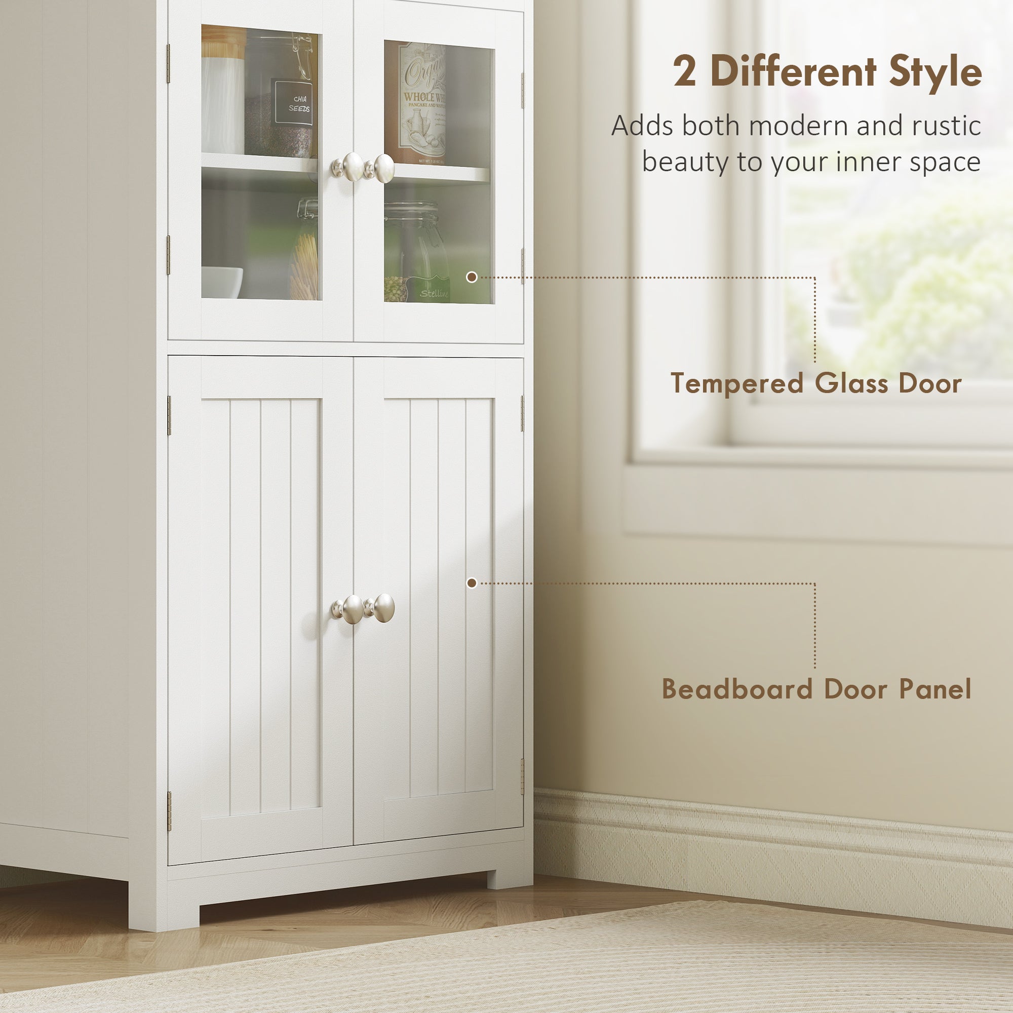 Kozy Freestanding Kitchen Cupboard, 4-Door Storage Cabinet with Adjustable Shelf and Glass Doors for Dining Room, Living Room, White