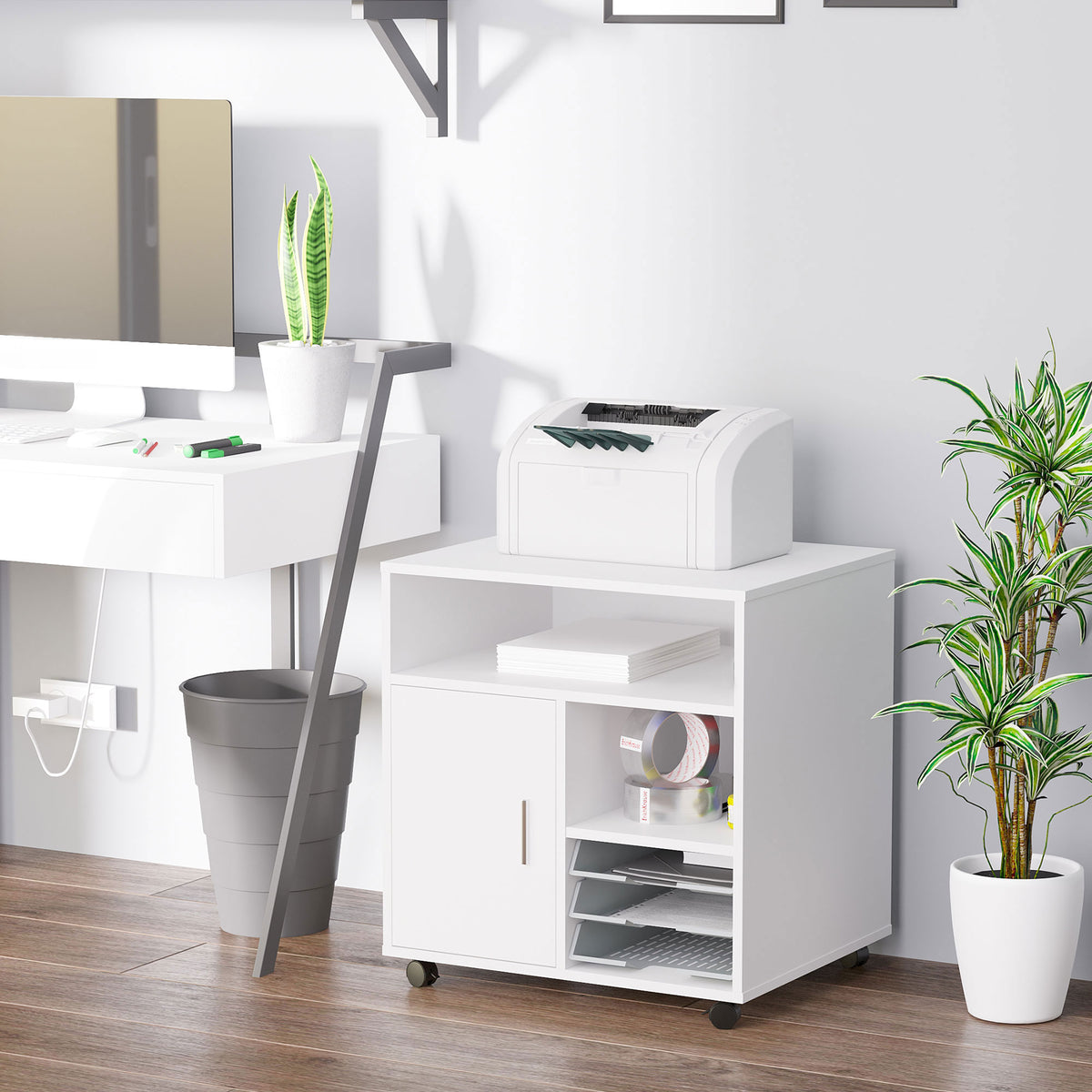 HOMCOM Mobile Printer Stand with Multiple Storage, Office Desk Side Unit on Wheels, Modern Design, 60L x 50W x 65.5H cm, White