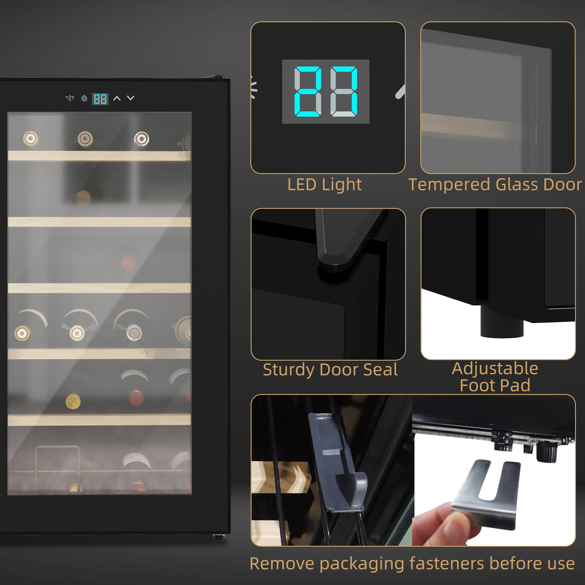 Kozy 24 Bottle Wine Fridge, 65 Litre Capacity, 43cm Freestanding Wine Cooler Fridge with Glass Door, LED Light, Digital Touch Screen, Temperature Control, Black