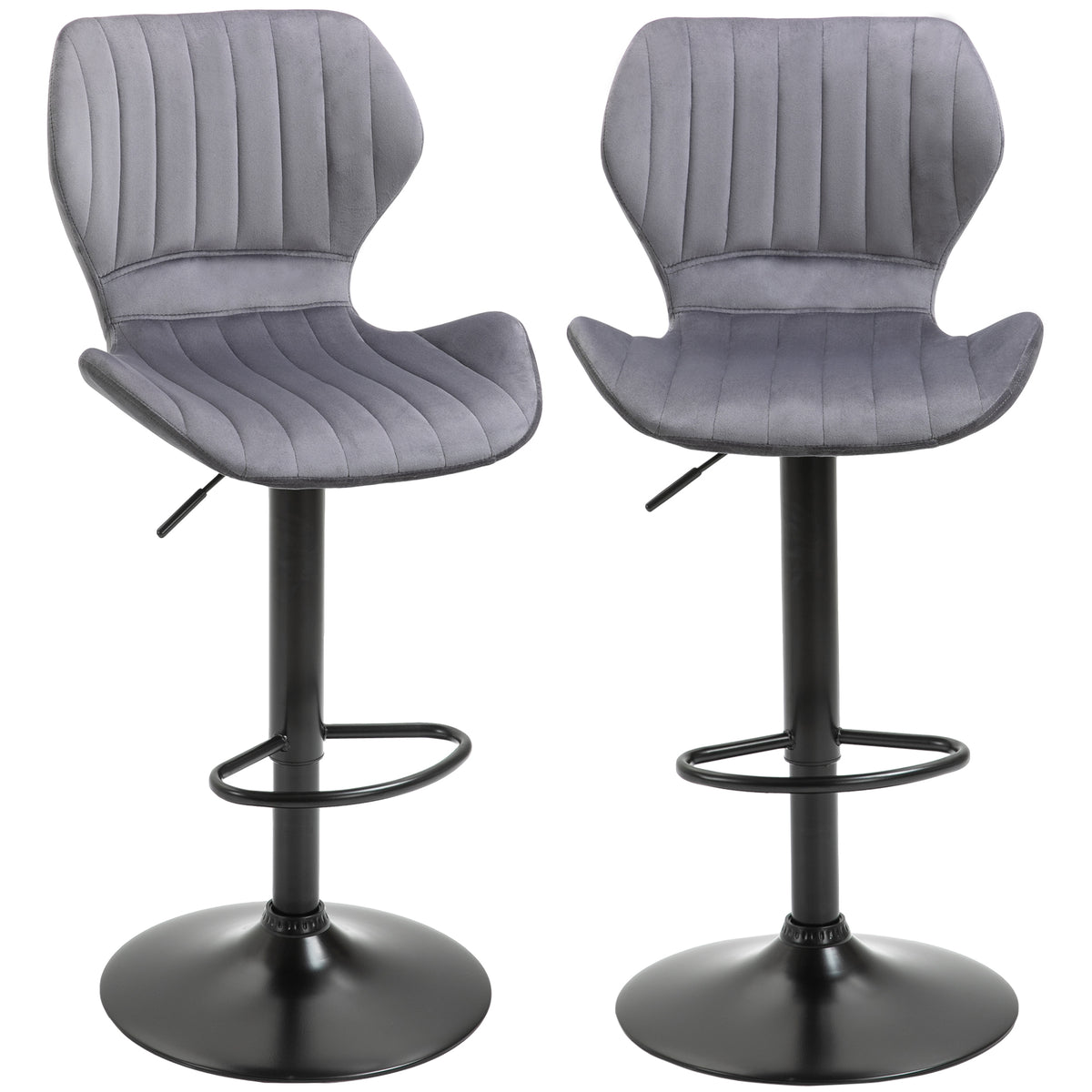 Kozy Bar Stool Set of 2 Velvet-Touch Fabric Adjustable Height Swivel Counter Chairs with Footrest, Grey