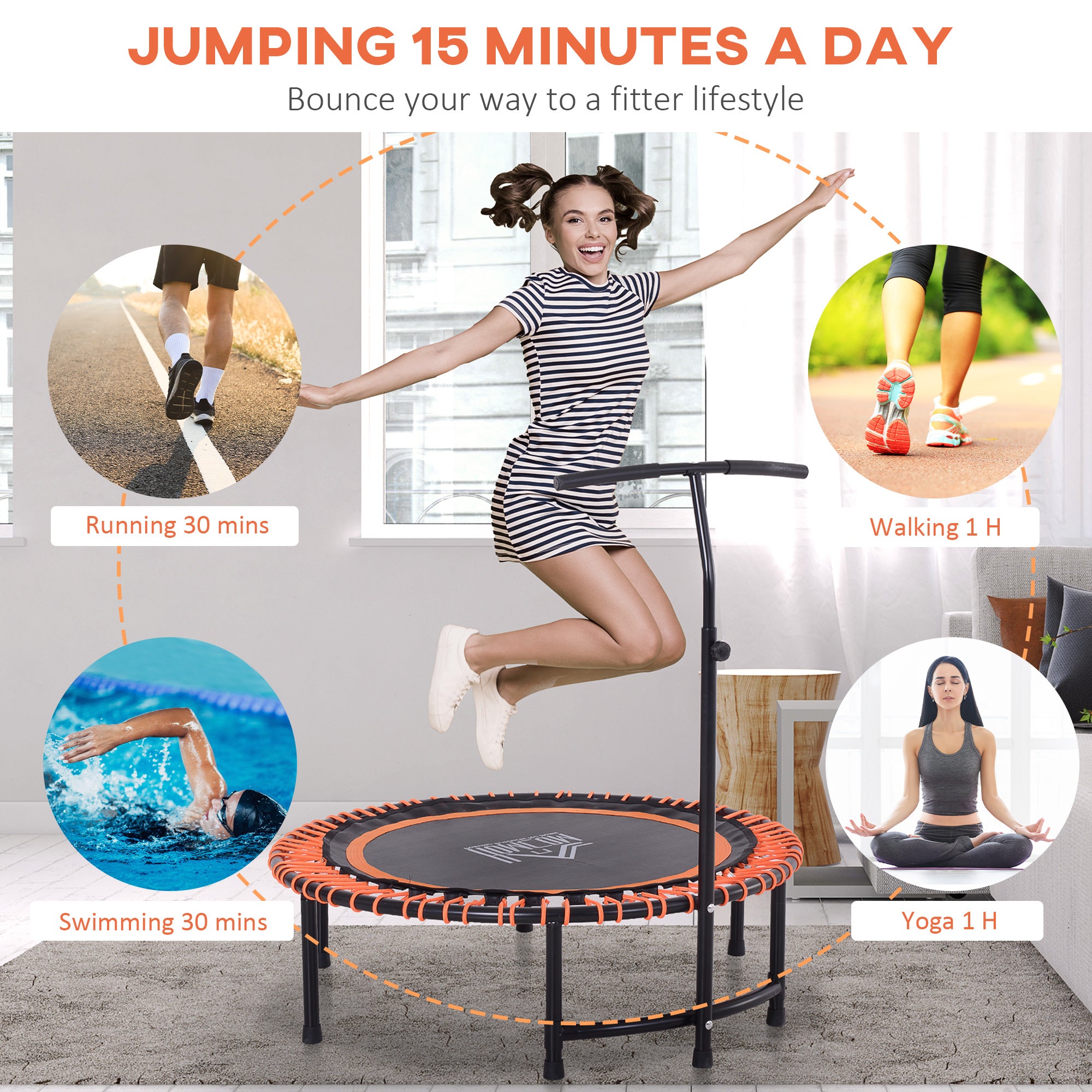 HOMCOM Round Mini Trampoline Exercise Bungee Rebounder Adjustable Handle Bar