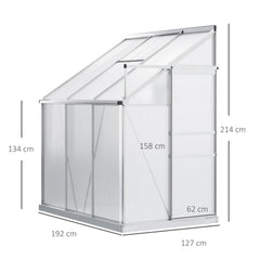 Kozy 6 x 4ft Lean to Wall Polycarbonate Greenhouse Aluminium Walk-in Garden Greenhouse with Adjustable Roof Vent, Rain Gutter and Sliding Door, Clear