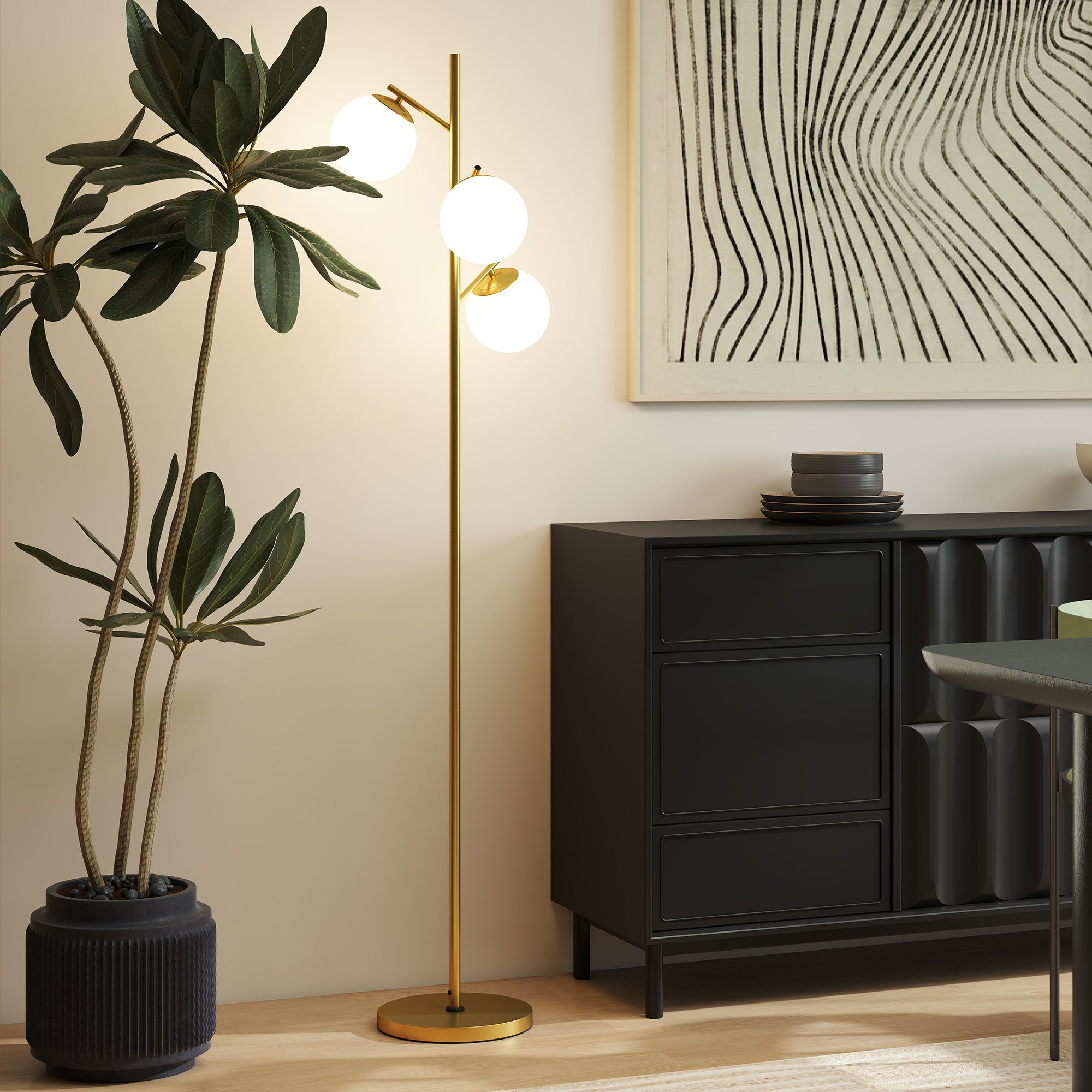 Kozy - 3-Light Tree Floor Lamps for Living Room, Modern Standing Lamp for Bedroom with Globe Lampshade, 3000K/4000K/6000K Colour Temperatures, Steel Base, Gold Tone